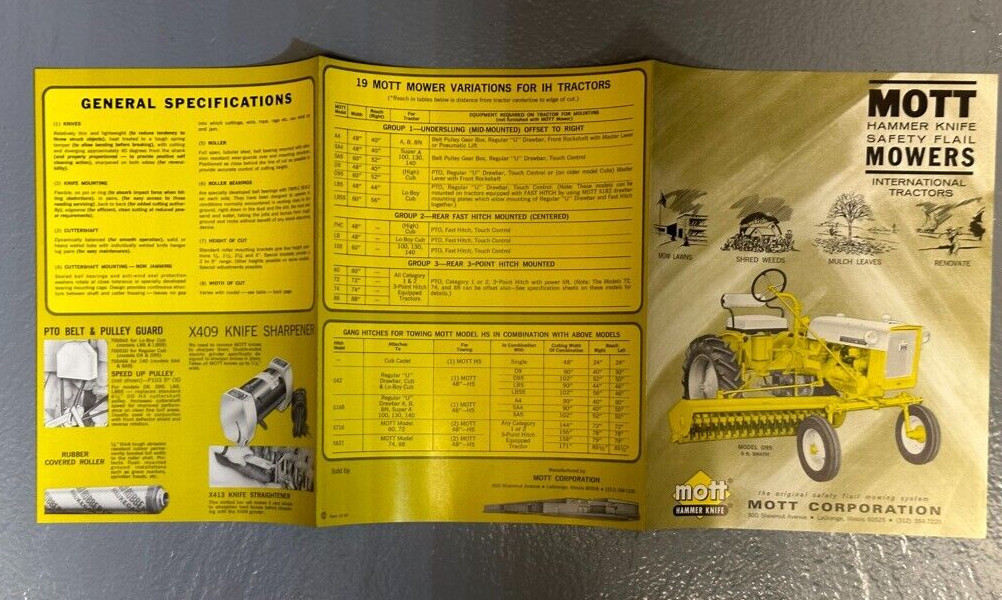 1970s MOTT MOWERS – INTERNATIONAL HARVESTER TRACTOR CUB Farm Advertise Brochure