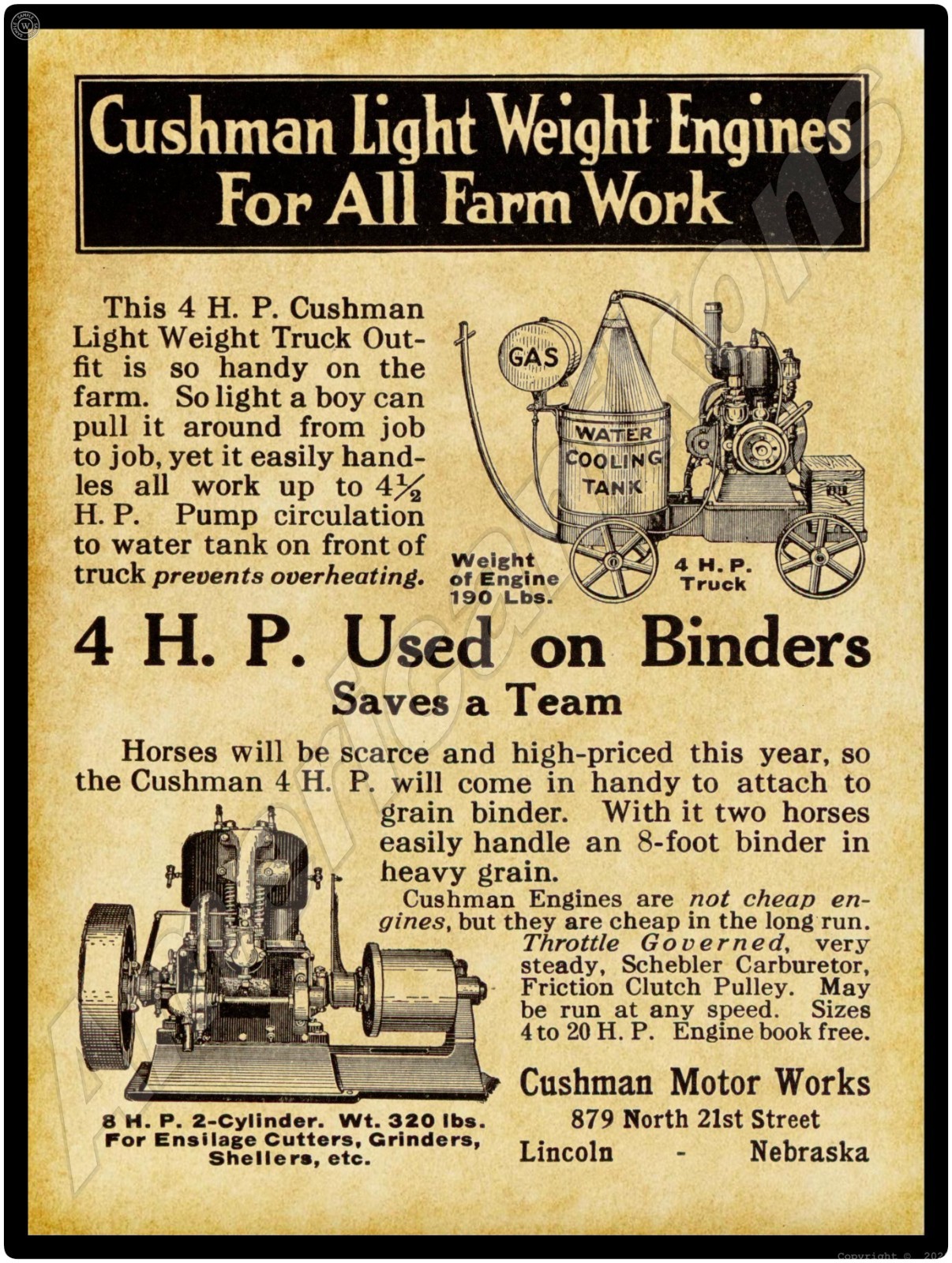 1915 Light Weight Gas Engines of Lincoln NE NEW Metal Sign: 15×20″ USA Steel
