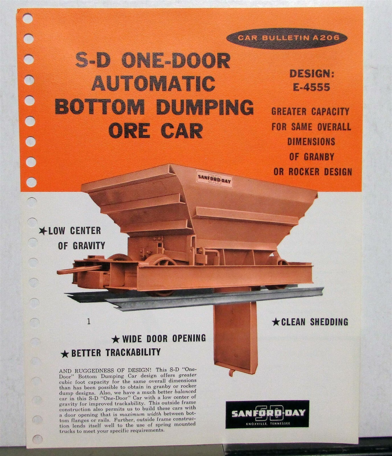 1955-1965 Sanford Day E-4555 Auto Bottom Dumping Construction Sales Data Sheet