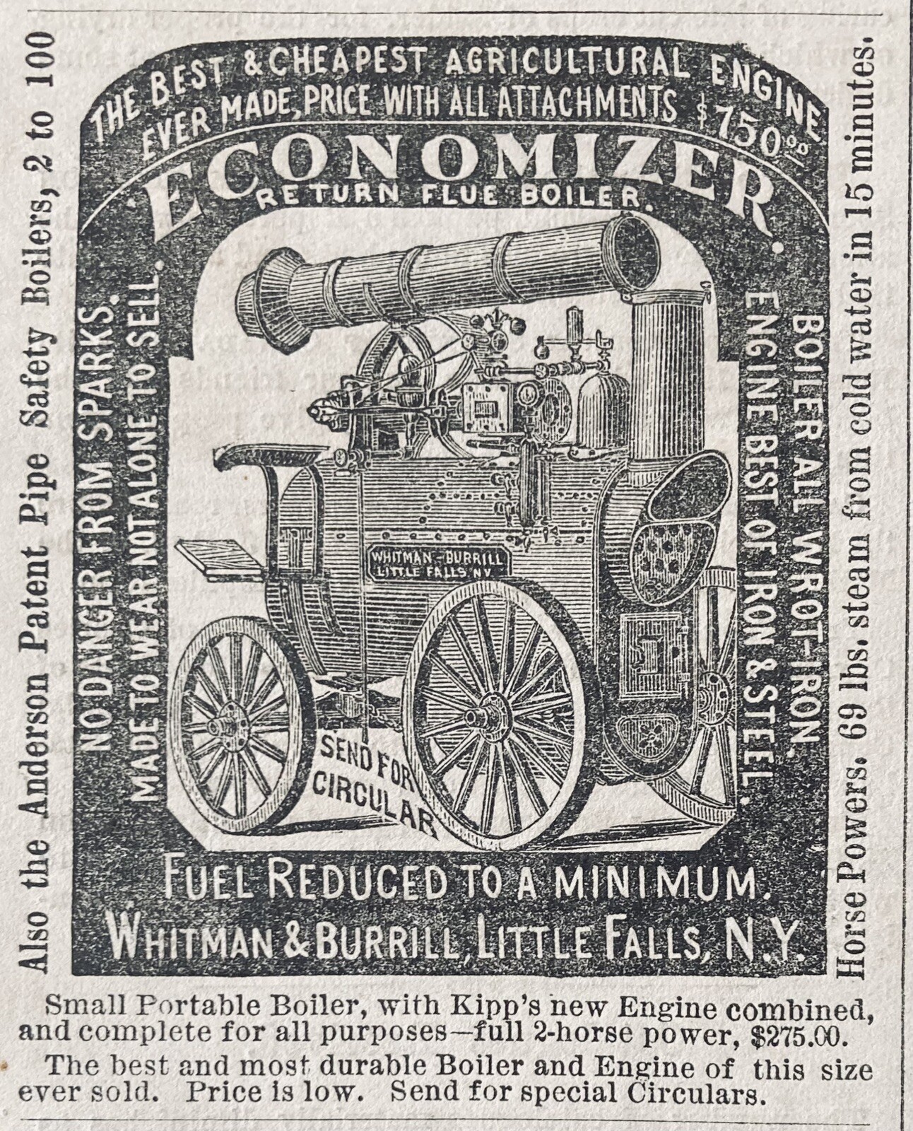 1876 AD(XH65)~WHITMAN & BURRILL, LITTLE FALLS, NY. CAST IRON AGRICULTURAL ENGINE