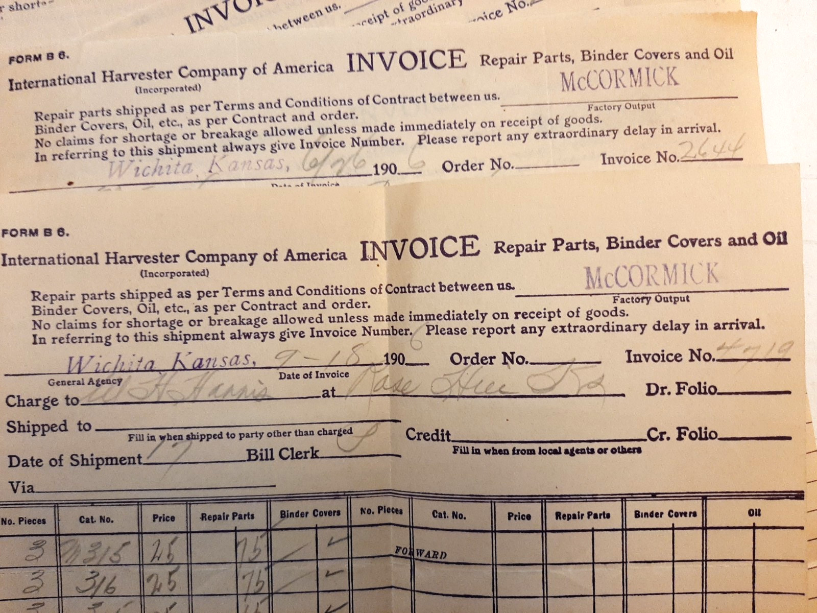 1906 International Harvester Co Invoices & Receipts Lot/30 pcs Wichita Kansas