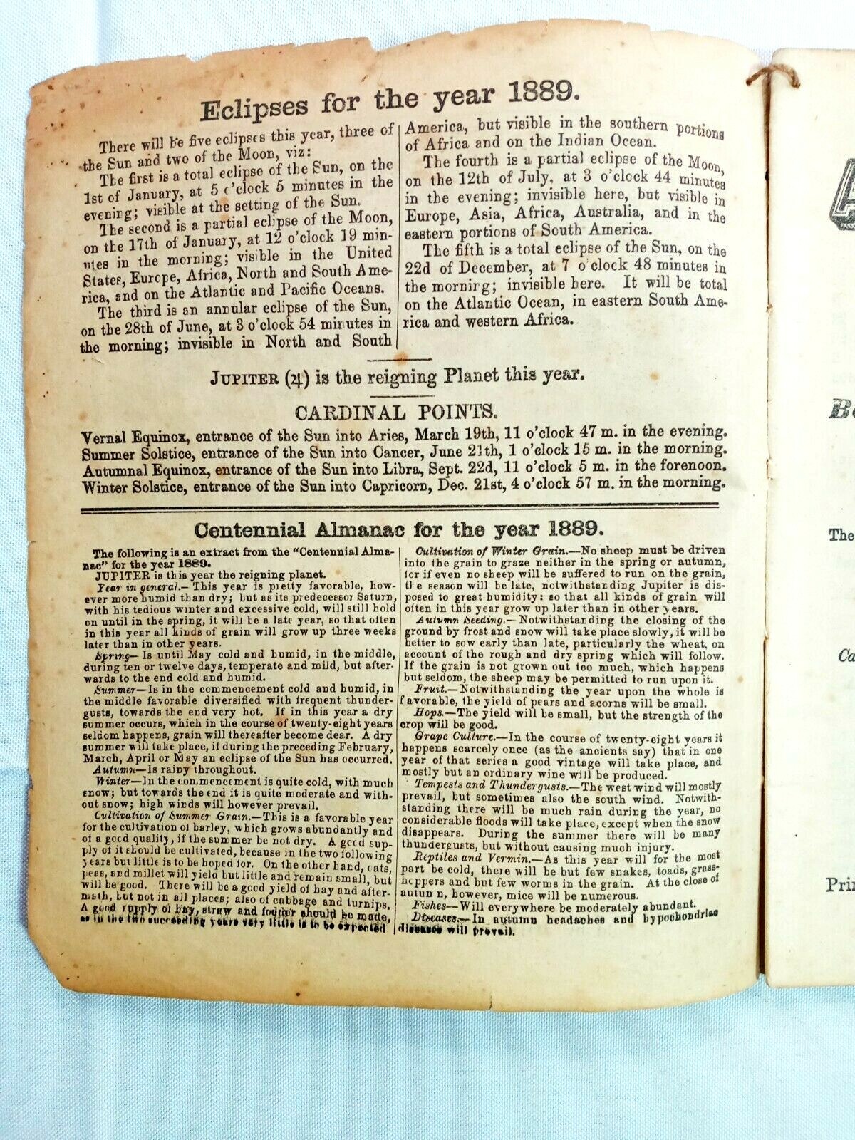 John Bear Baer’s Agricultural Almanac Lancaster, PA Antique Farmers Vintage 1889