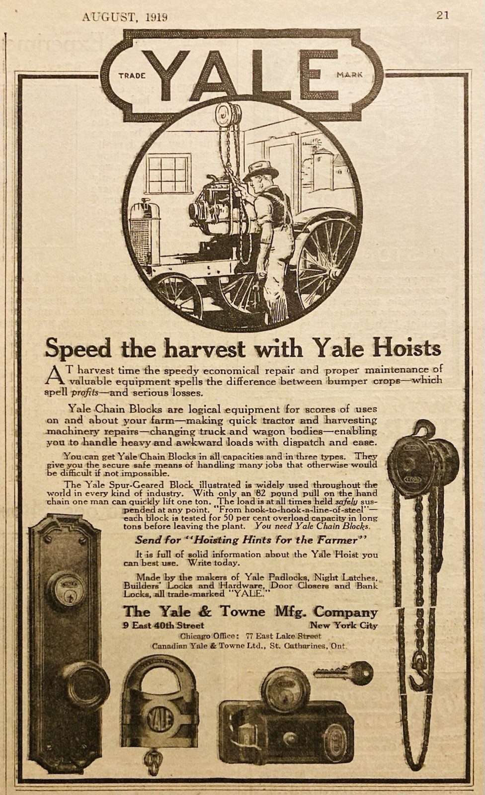 1919 AD.(PC10)~YALE & TOWNE MFG. CO. NYC. YALE CHAIN BLOCKS HOISTS