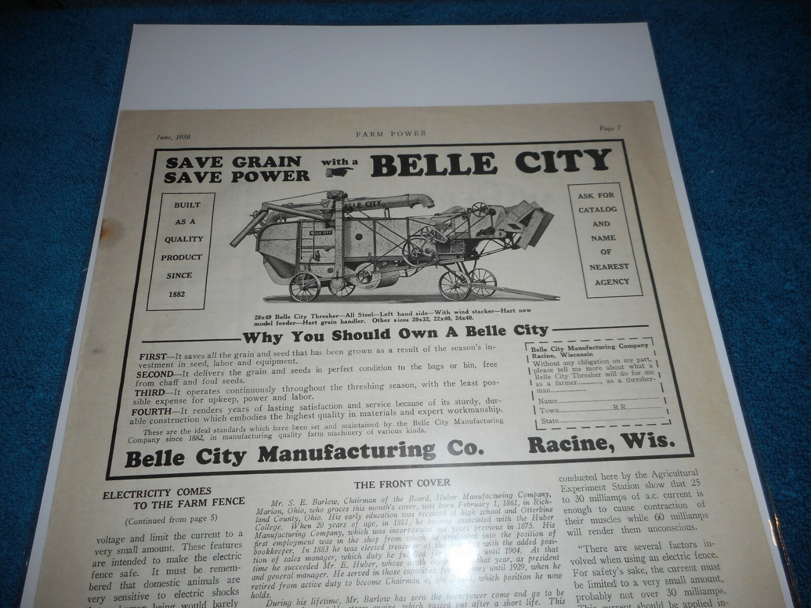Belle City Mfg. Racine, Wisconsin 1927 Orig. Advertisement: 28 x 49 Thresher