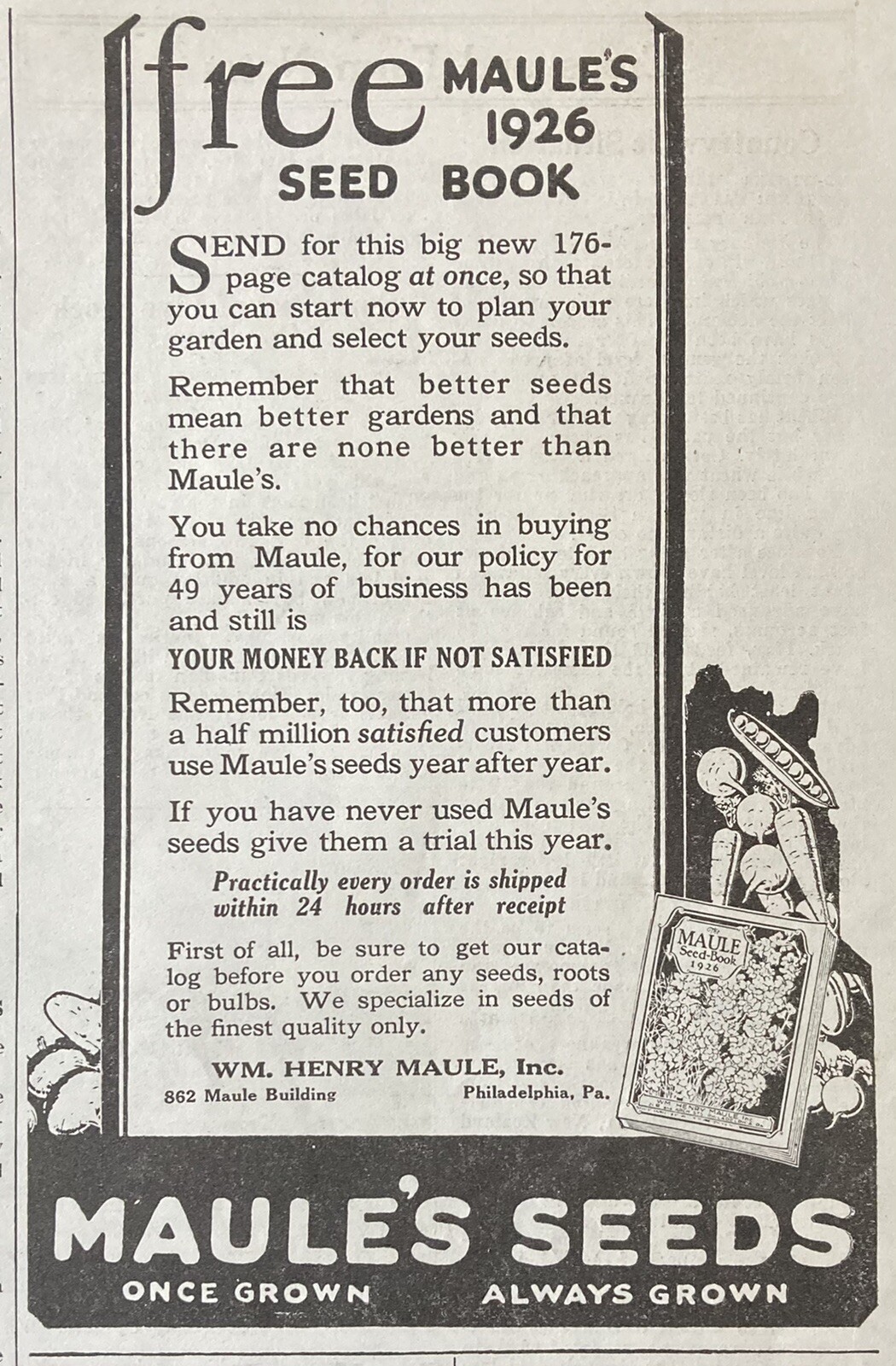 1926 AD.(XH4)~WM. HENRY MAULE SEED CO. PHIL., PA. SEED BOOK AD.