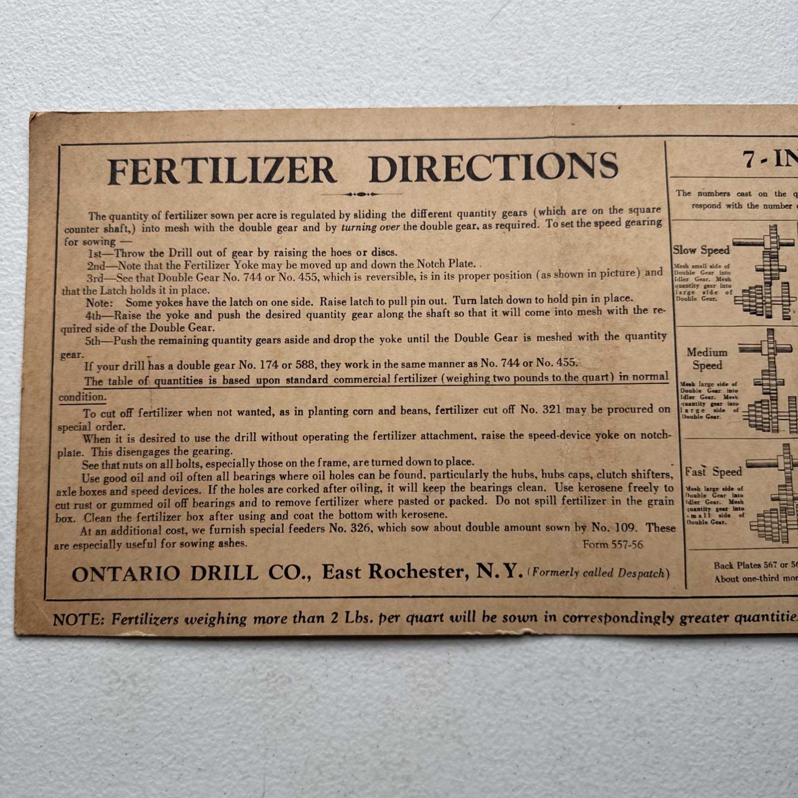 Ontario Drill Co. 7-Inch Drills Fertilizer Directions Application chart