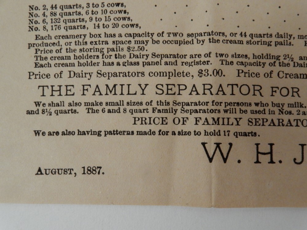 1887 JOHNSON’s Top-Can DAIRY CREAMERY Cream Separator broadside WESTBORO MA milk