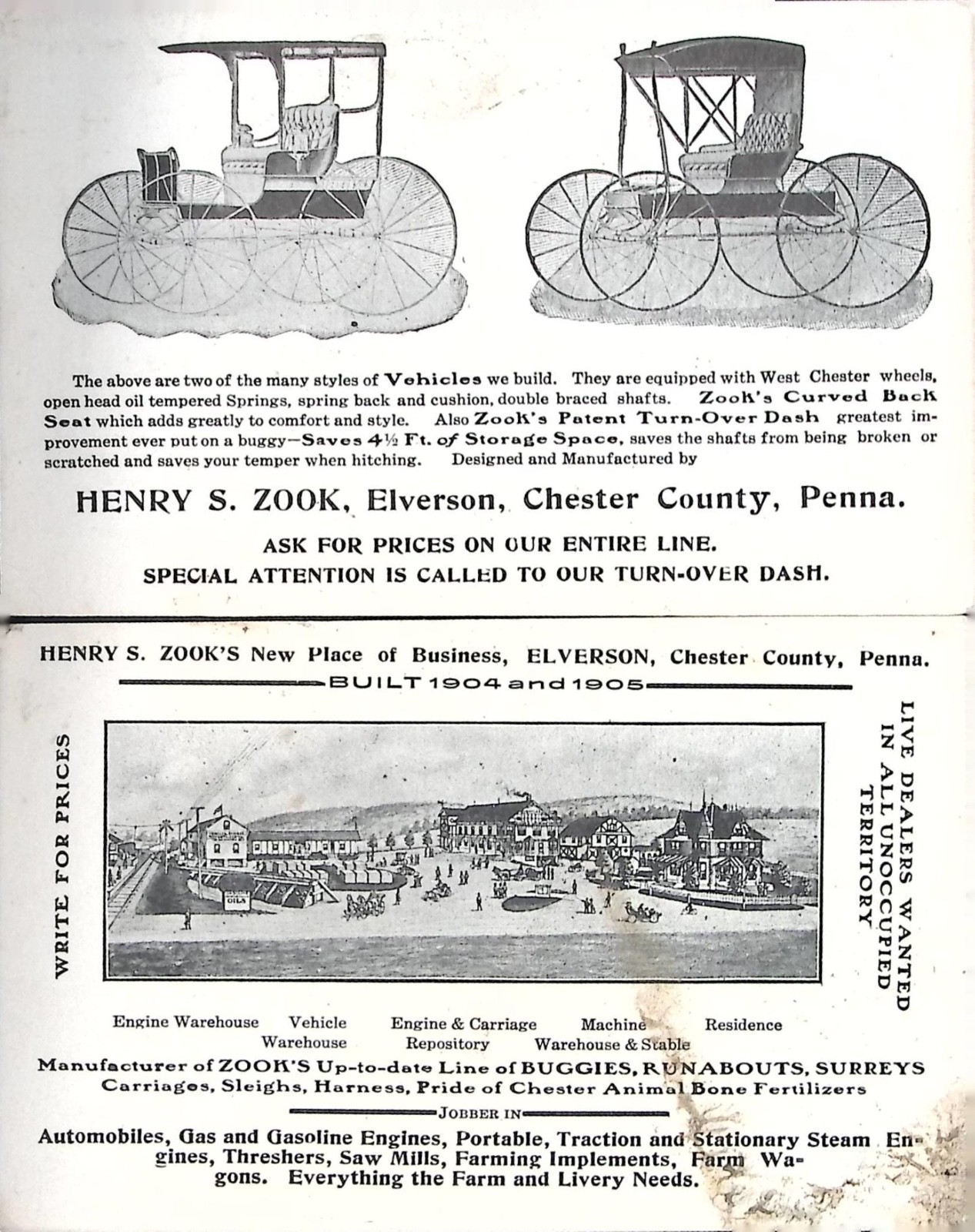 1905 Henry S. Zook Elverson PA Buggy Carriage Advertising Card Chester County