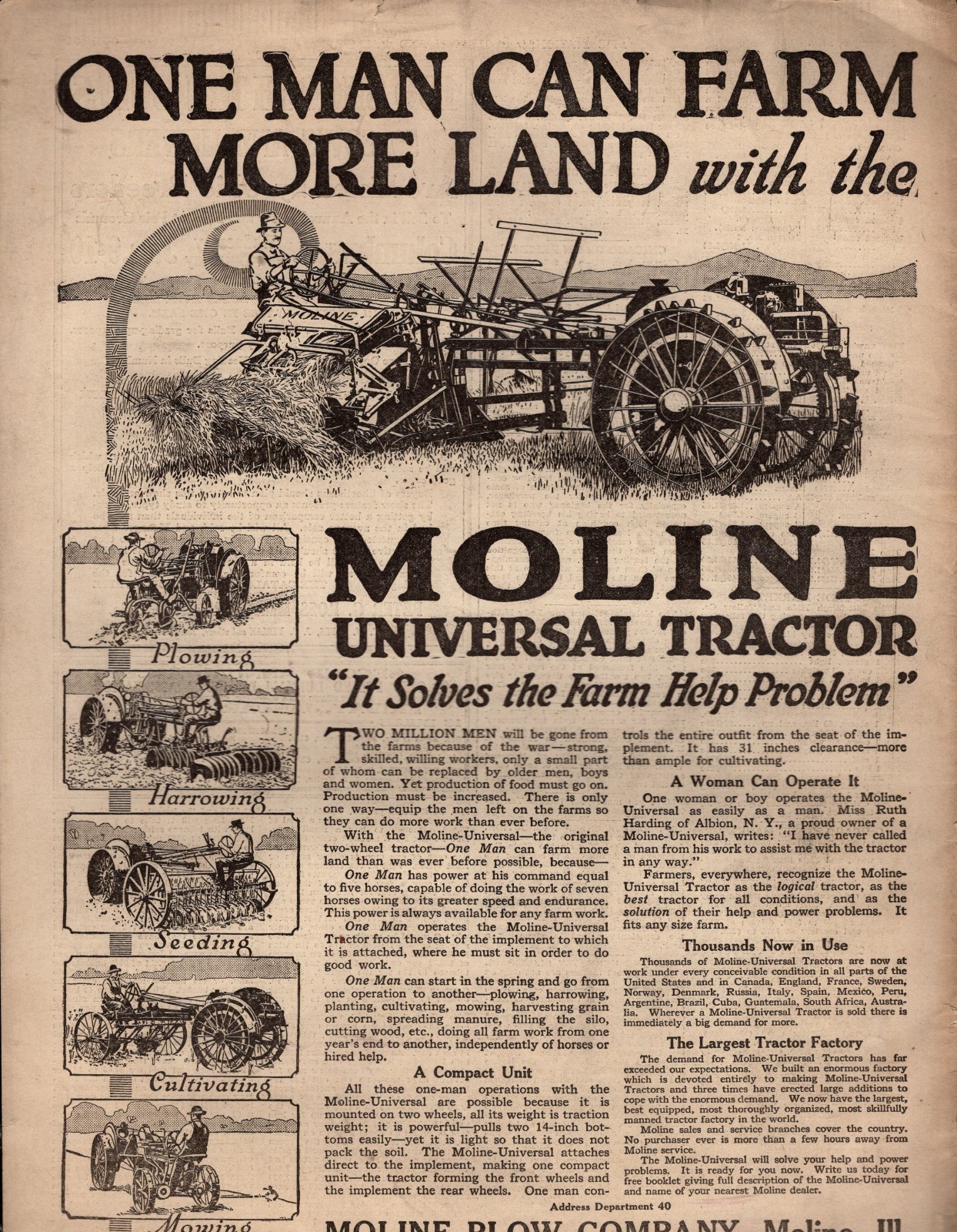 1918 Moline original Tractor ad – Moline IL Scarce