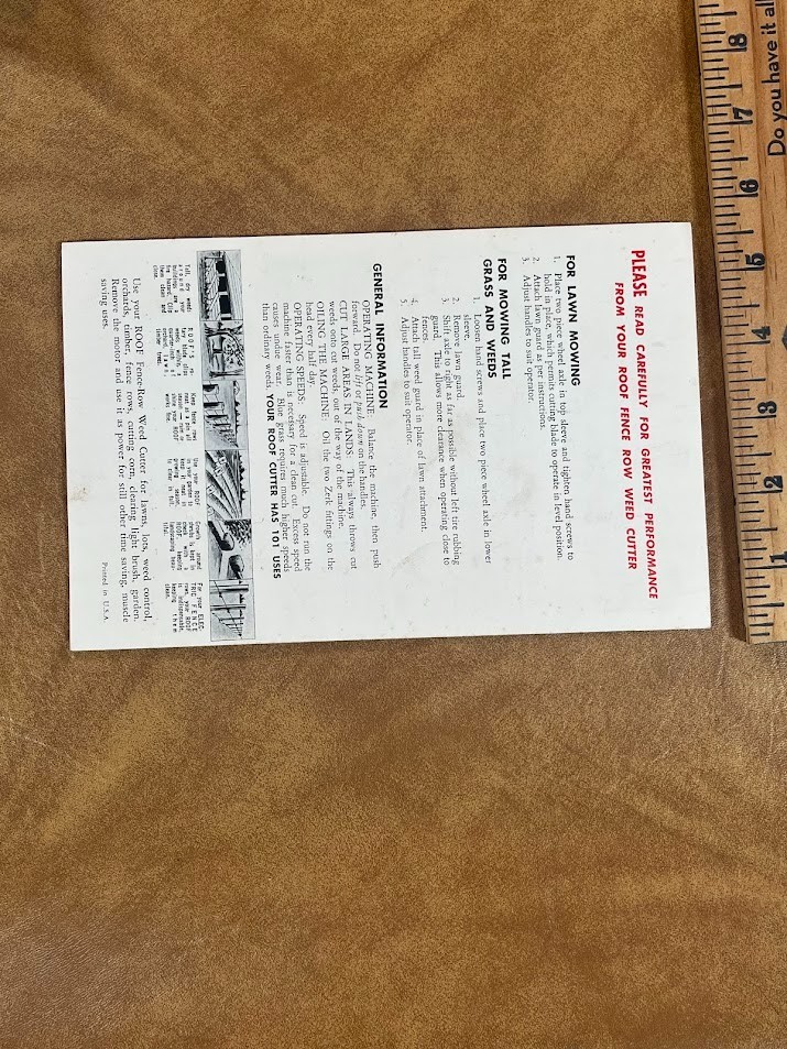 1950’s ROOF FENCE ROW WEED CUTTER Instructions Pontiac, Illinois