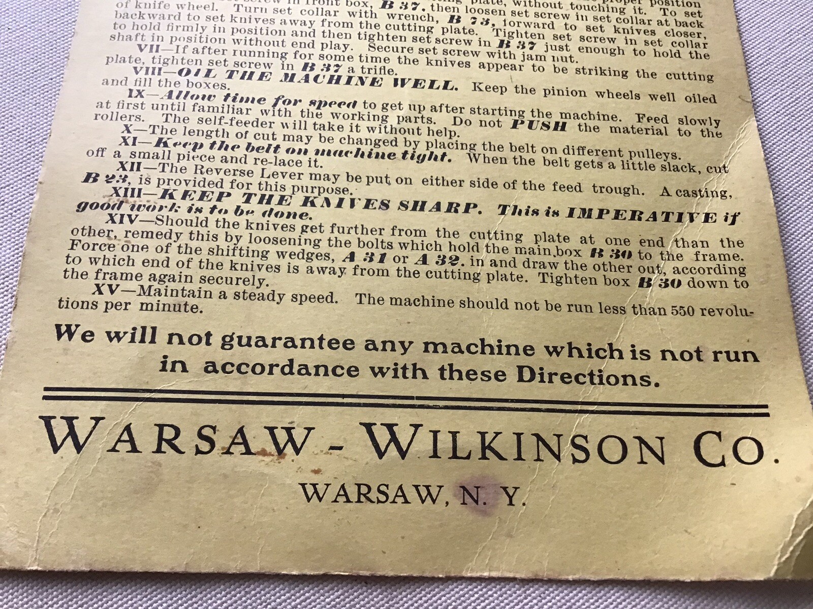 Vintage Cardboard Directions For Climax “B” Warsaw-Wilkinson Ensilage Cutters
