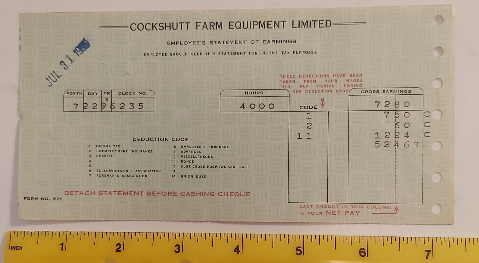 RARE VTG (BRANTFORD,ONT) “COCKSHUTT CO. 1959 EMPLOYEE PAY STUB/RECEIPT” STYLE #2