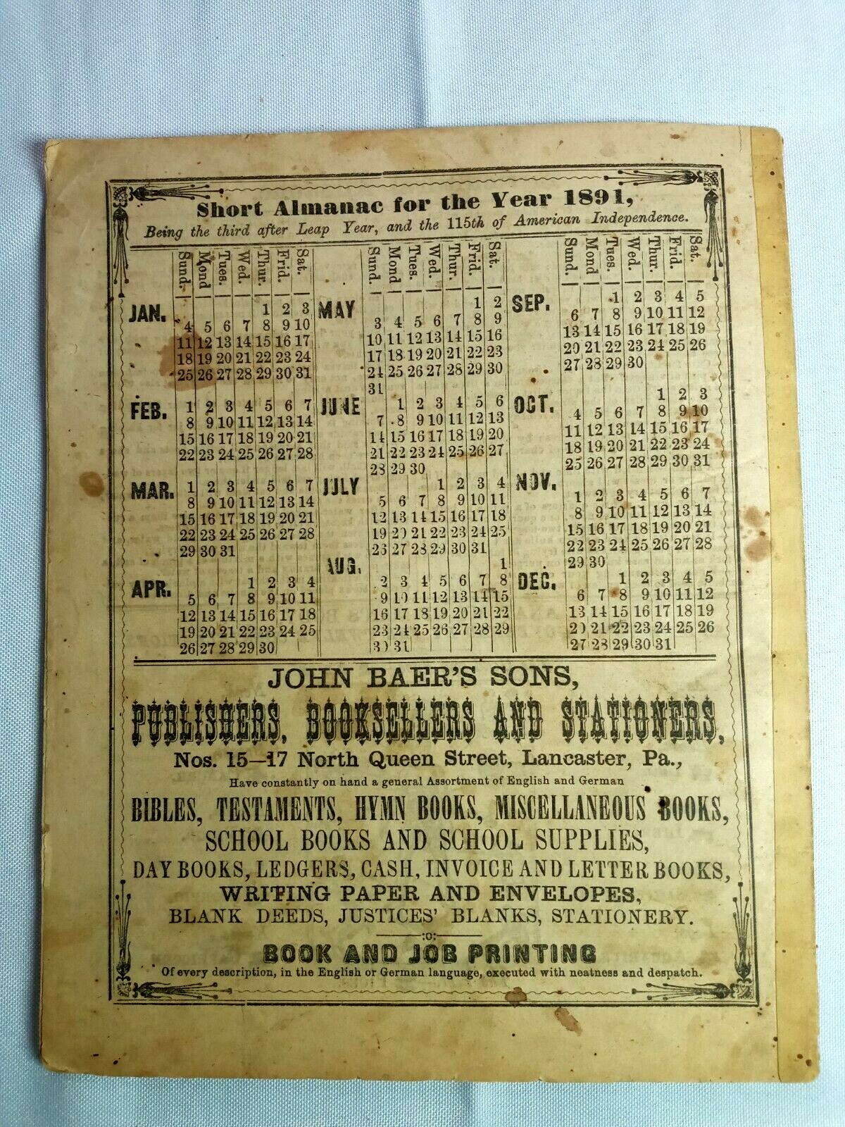 1891 John Bear Baer’s Agricultural Almanac Lancaster, PA Antique Farmers Vintage