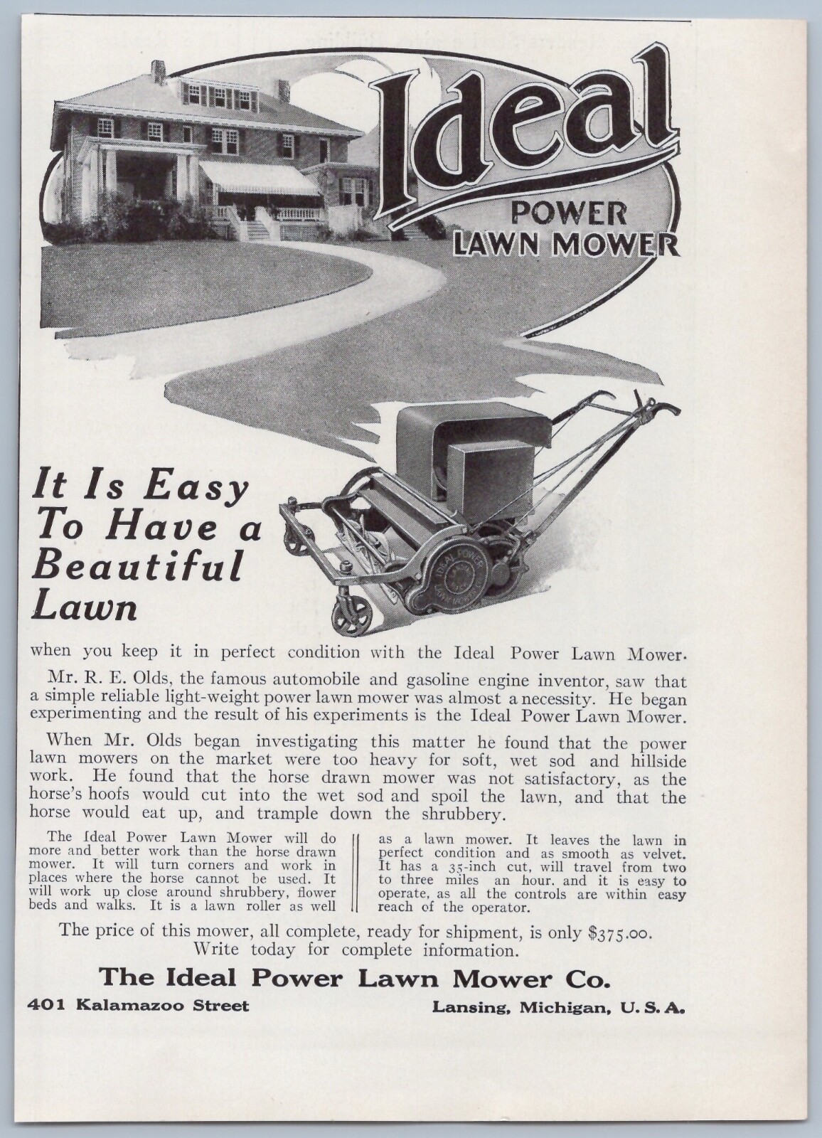 1914 Ideal Power Lawn Mower Vintage Ad Grass Cutting Landscape Equipment Machine