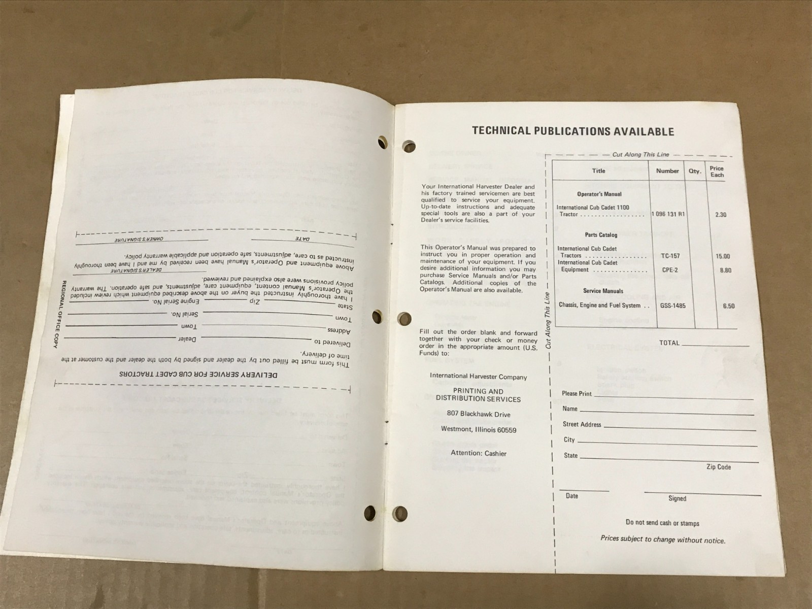 Vintage International Harvester Cub Cabet Model 1100 Tractor Operator’s Manual