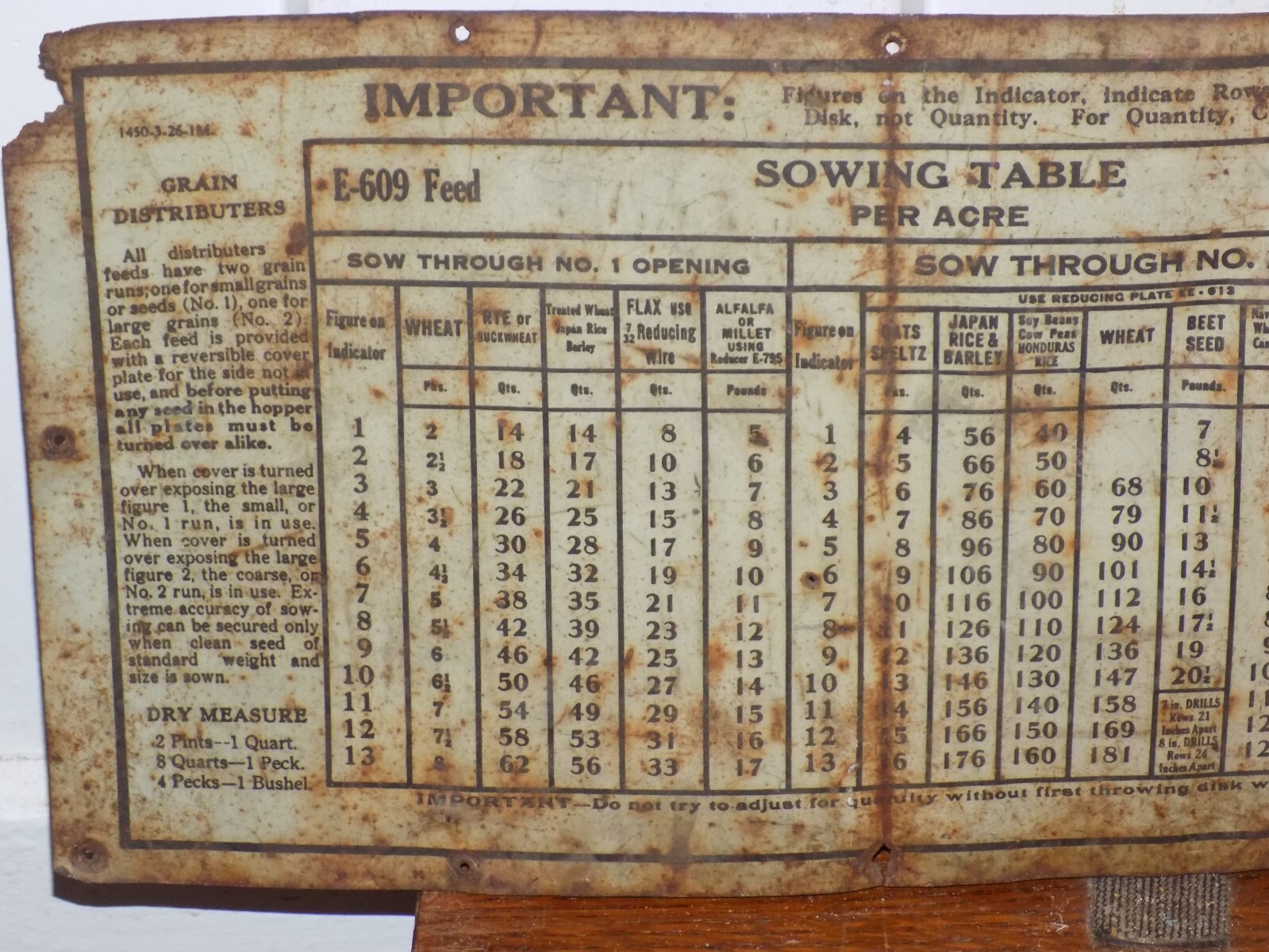 Vintage Sowing Table for Grain Tin Tacker Sign