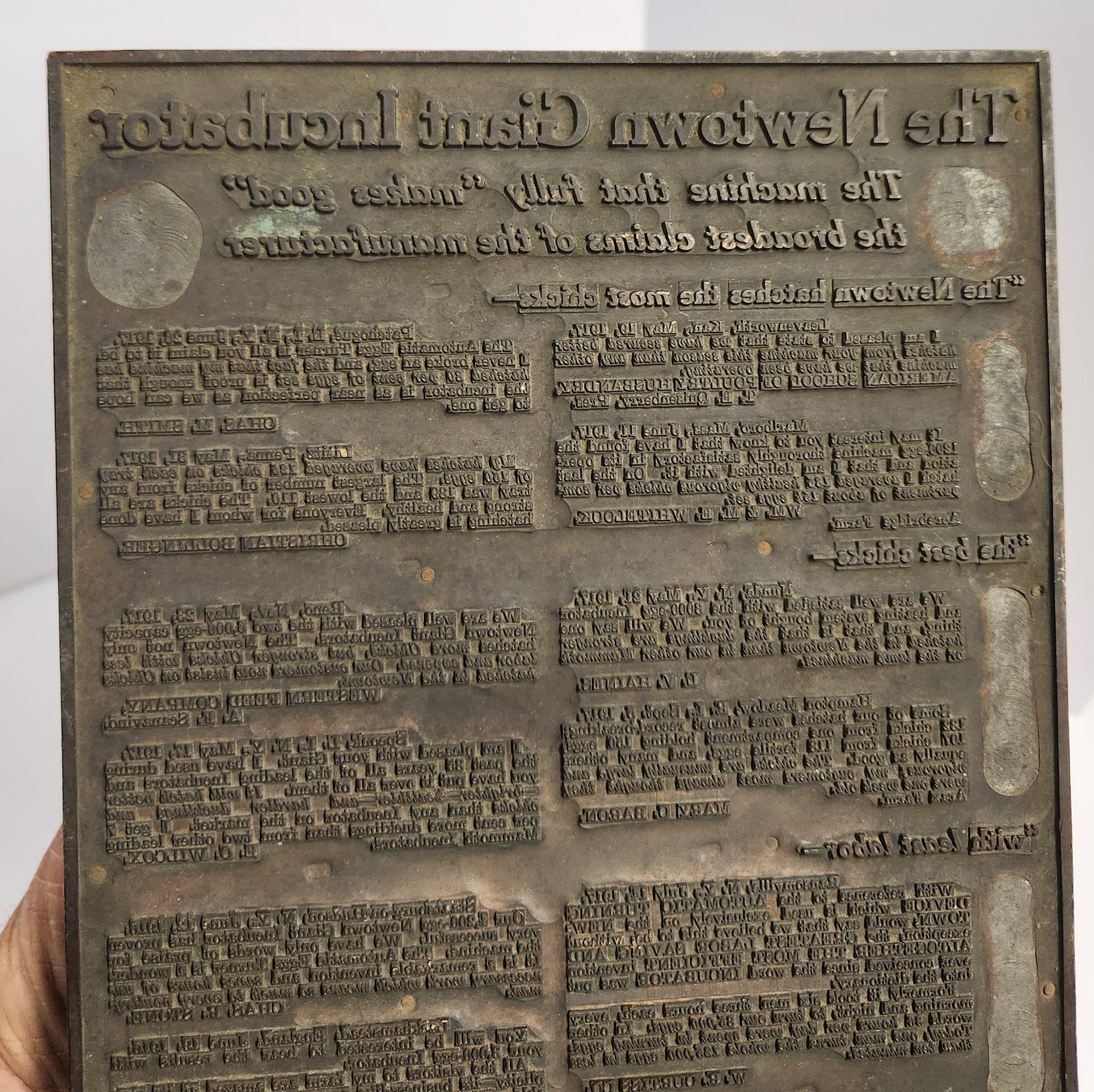 1910’s-20’s THE NEWTOWN GIANT INCUBATOR Printing Plate For Full Page Ad. 7″x10″