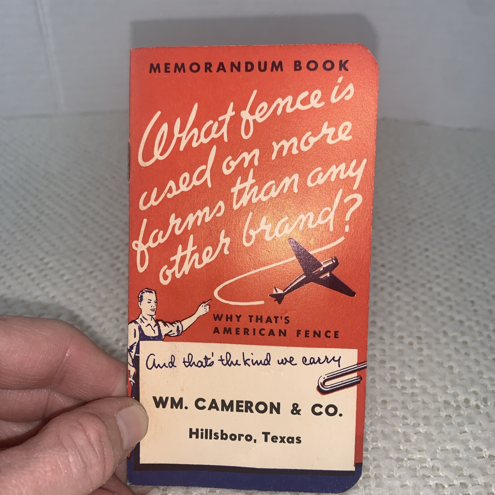U.S.S. American Fence Memo Book WM. Cameron & Co. Hillsboro, Texas 1940-1941