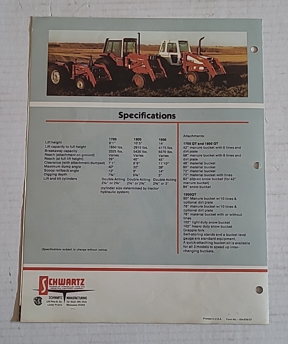 Schwartz Loaders Quick-Tach Models 1700QT 1800QT 1900QT Information Broshure