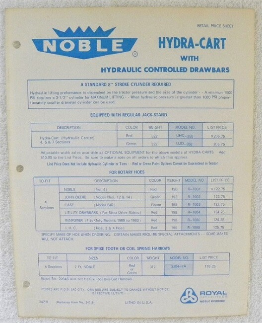 1971 Noble Hydra-Cart for Rotary Hoes, Harrows, Dealer Advertising, Price List