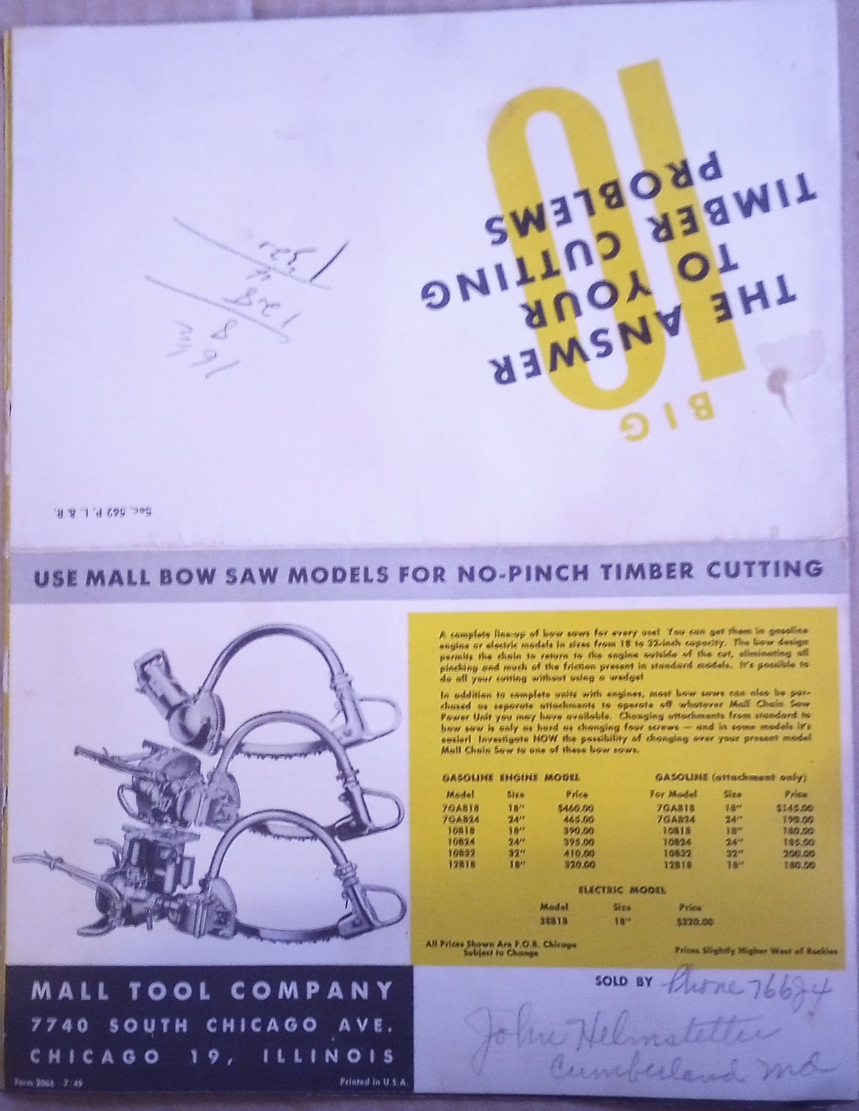 1949 Mall Chainsaw ORIGINAL Fold Out Advertising Dealer Advertising