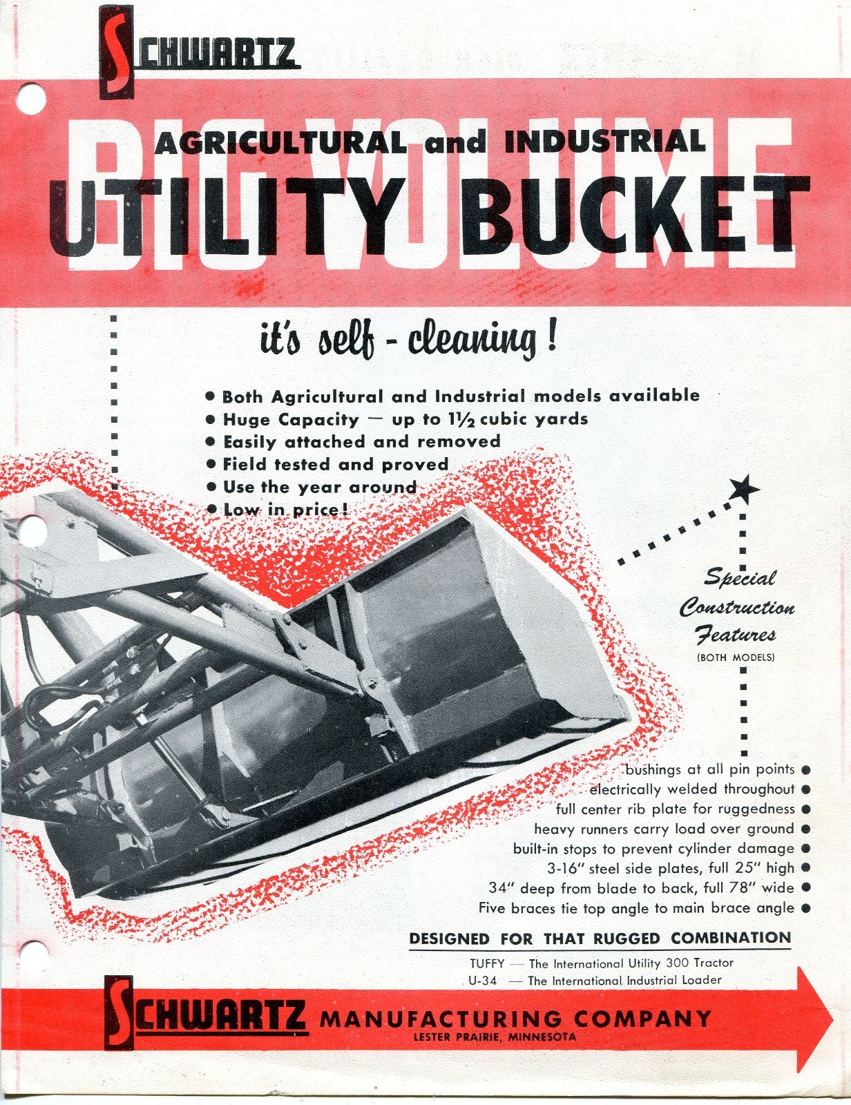 1960’s Print Ad Brochure of ER Schwartz Tractor Utility Bucket Tuffy & U34