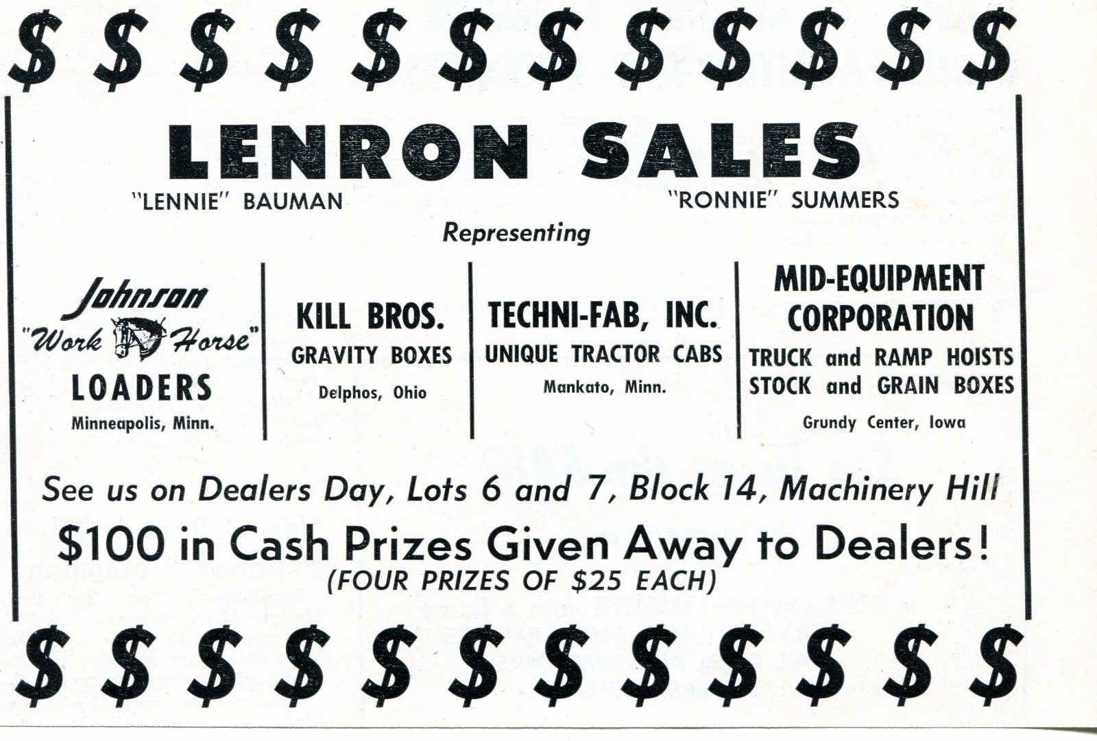 1968 Dealer Print Ad of Lenron Sales Johnson Loaders Kill Bros Techni-Fab MEC