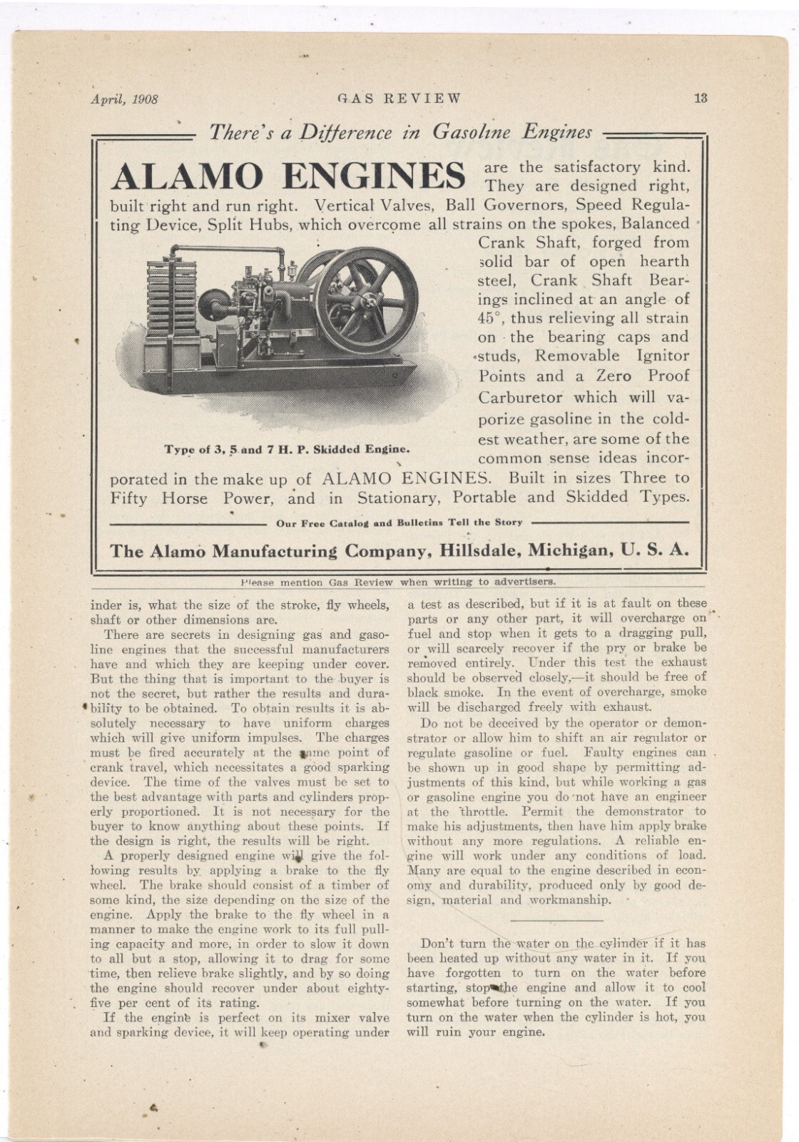 1908 Alamo Mfg. Co. Ad: 3, 5, & 7 HP Skidded Gasoline Engine. Hillsdale Michigan