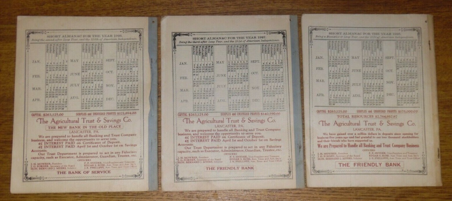 3 Old Agricultural Almanacs – John Baer’s Sons Lancaster PA – Vol. 101 102 103