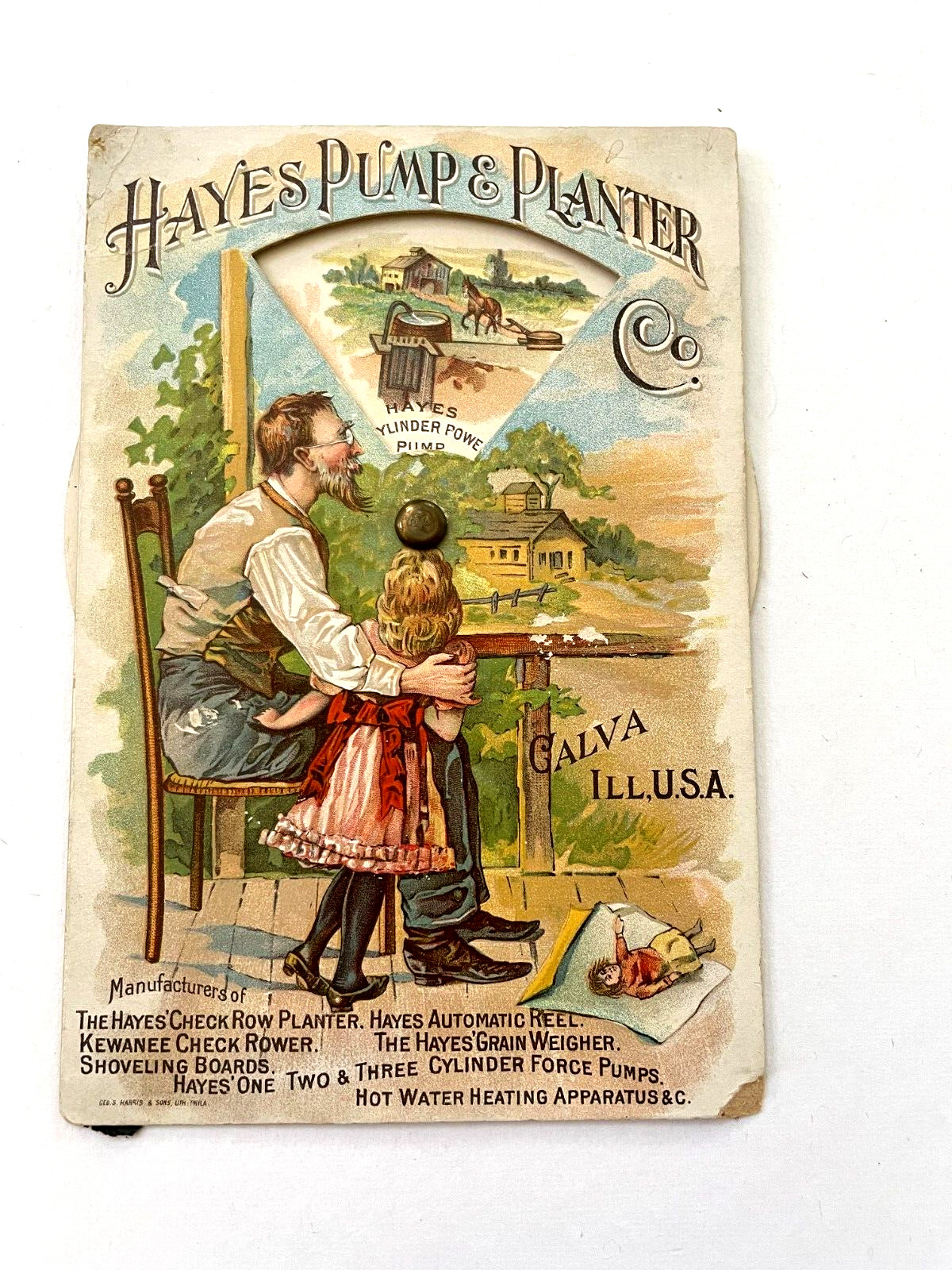 Clever Victorian Trade Card “Hayes Pump & Planter Co.” Wheel Showing Products *