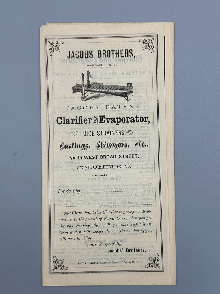 1876 JACOBS Bros SUGAR Cane EVAPORATOR Farm Advertising Antique COLUMBUS Ohio