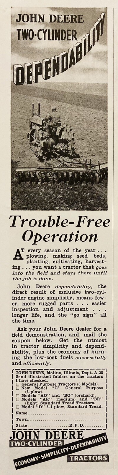 1937 AD.(XH81)~JOHN DEERE CO. MOLINE, ILL. JOHN DEERE TWO-CYLINDER TRACTORS