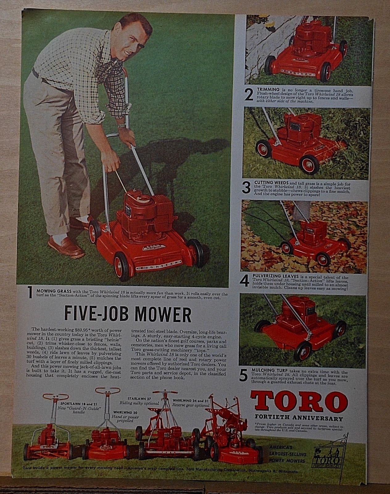 1955 magazine ad for Toro Lawn Mowers – 40th Anniversary, the Five Job Mower