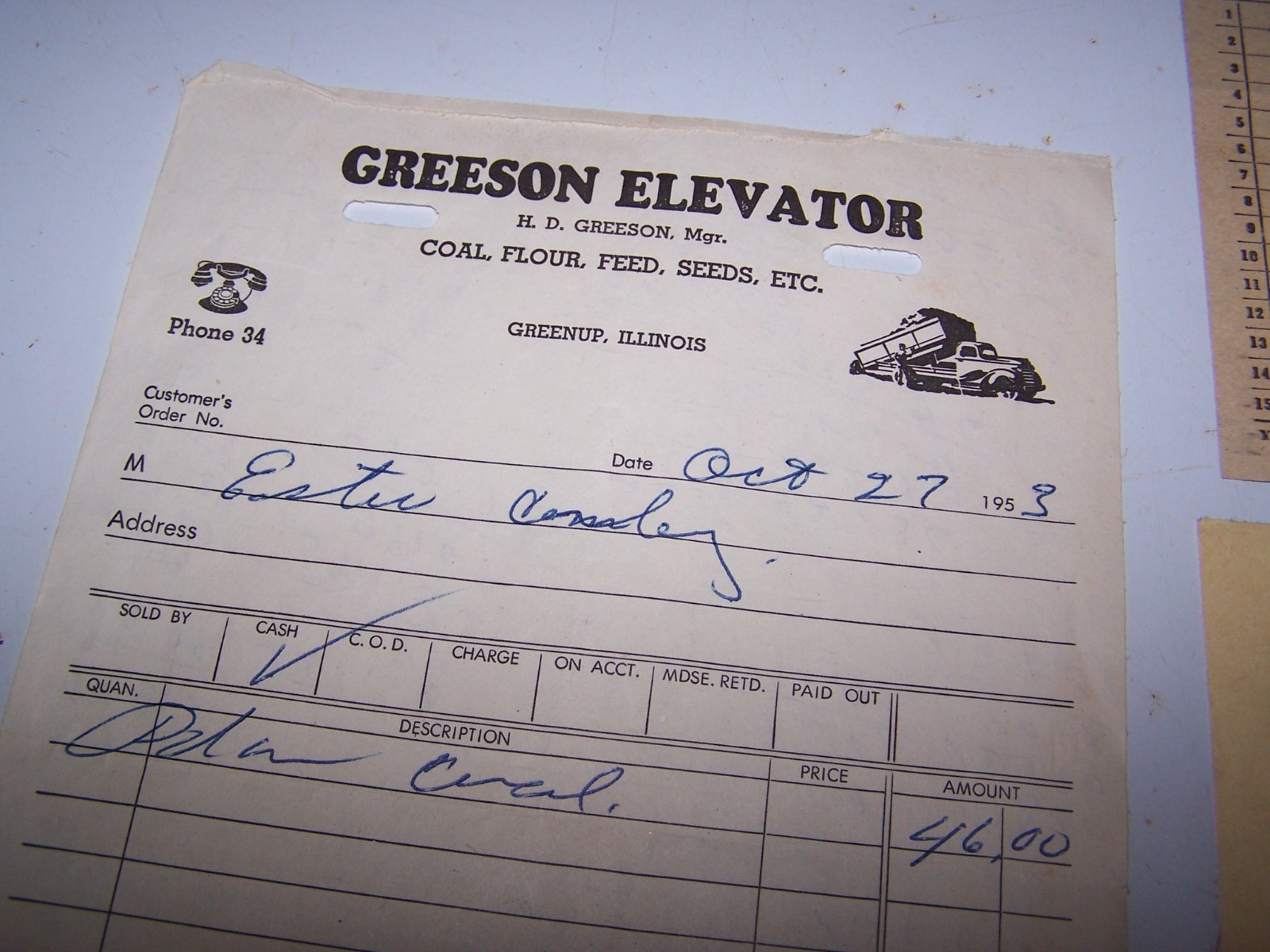 Five 1950’s GREENUP ILLINOIS Sales Receipts – Dillier’s Winnett’s Wade’s Greeson