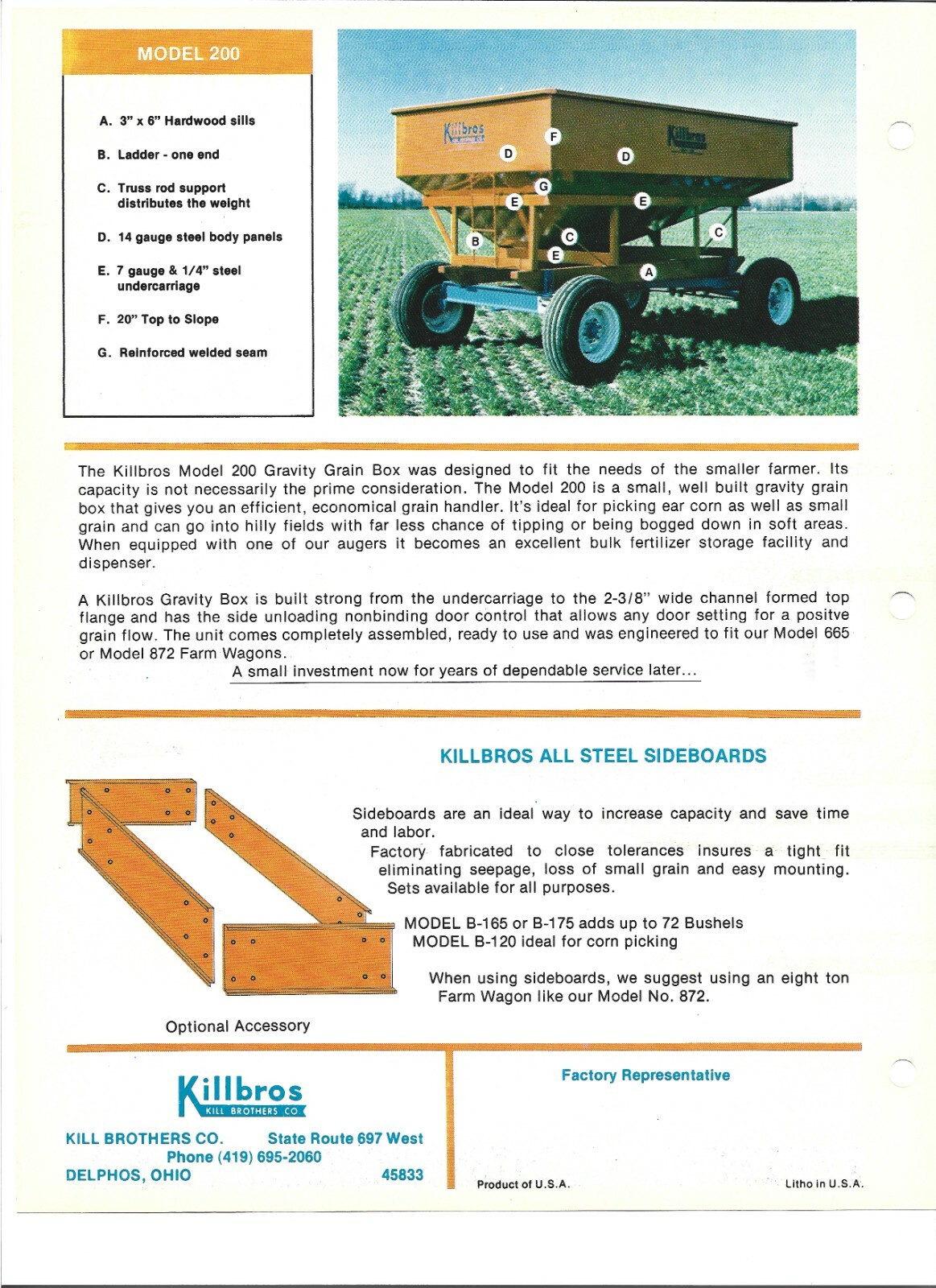 Original Killbros Model 200 Gravity Grain Box Sales Brochure Spec Sheet # 71878