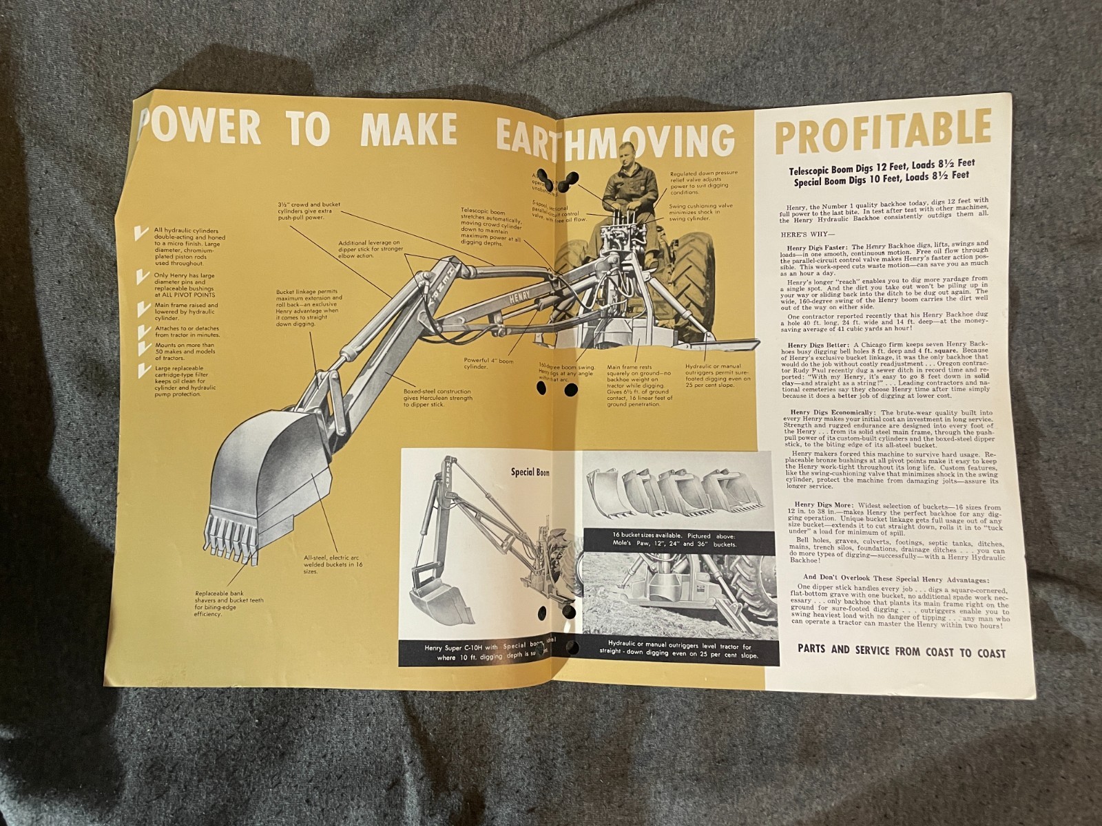 1950’s Henry Hydraulic Backhoe Tractors Super C 10H Brochure Vintage 4 Pages