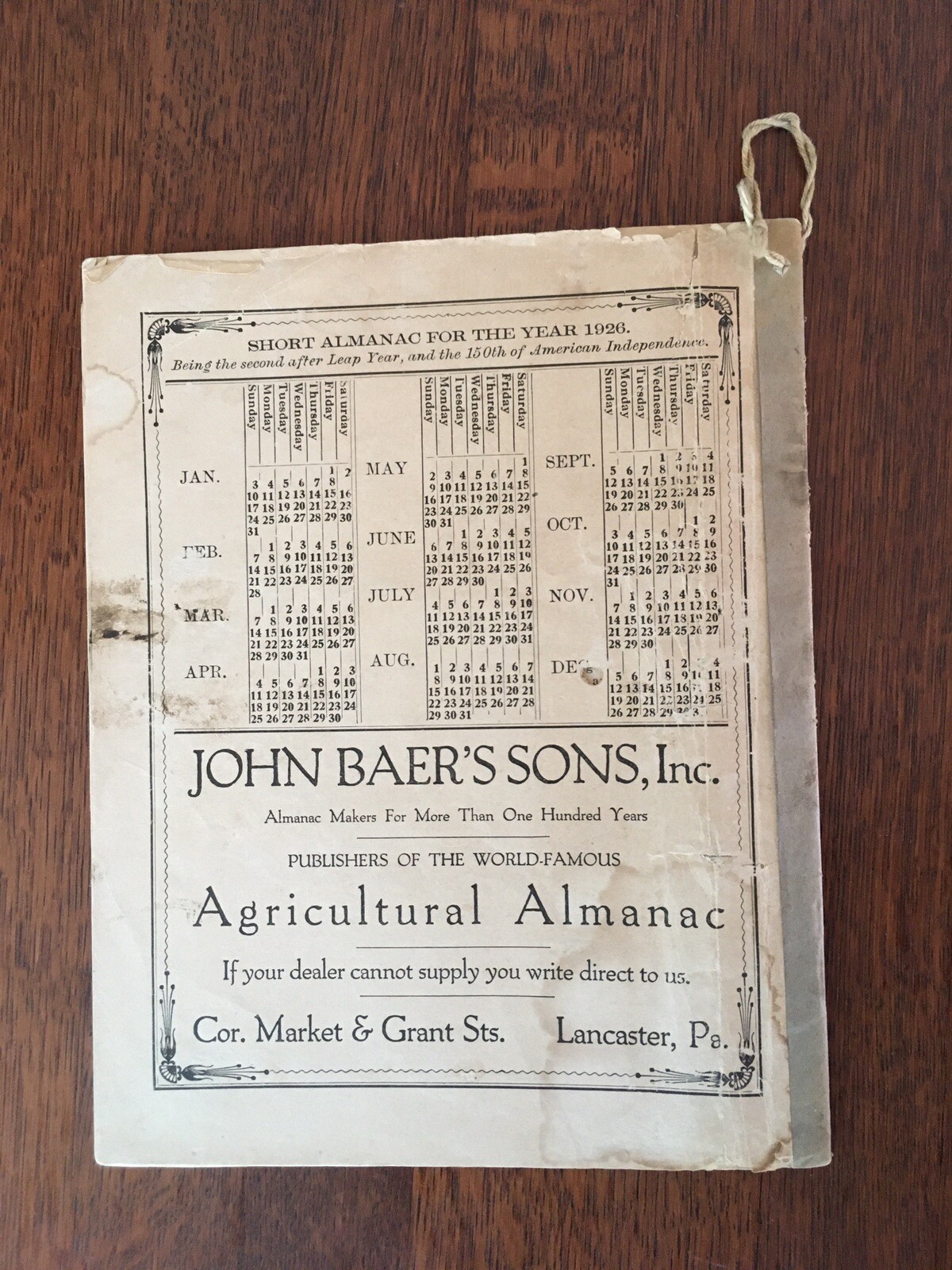 Vintage 1926 John Bear Baer’s Agricultural Almanac Lancaster PA