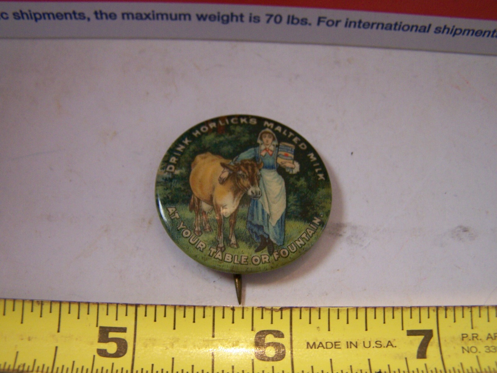 HORLICK’S MALTED MILK Celluloid Pinback Farm Dairy Jersey Cow Whitehead Hoag
