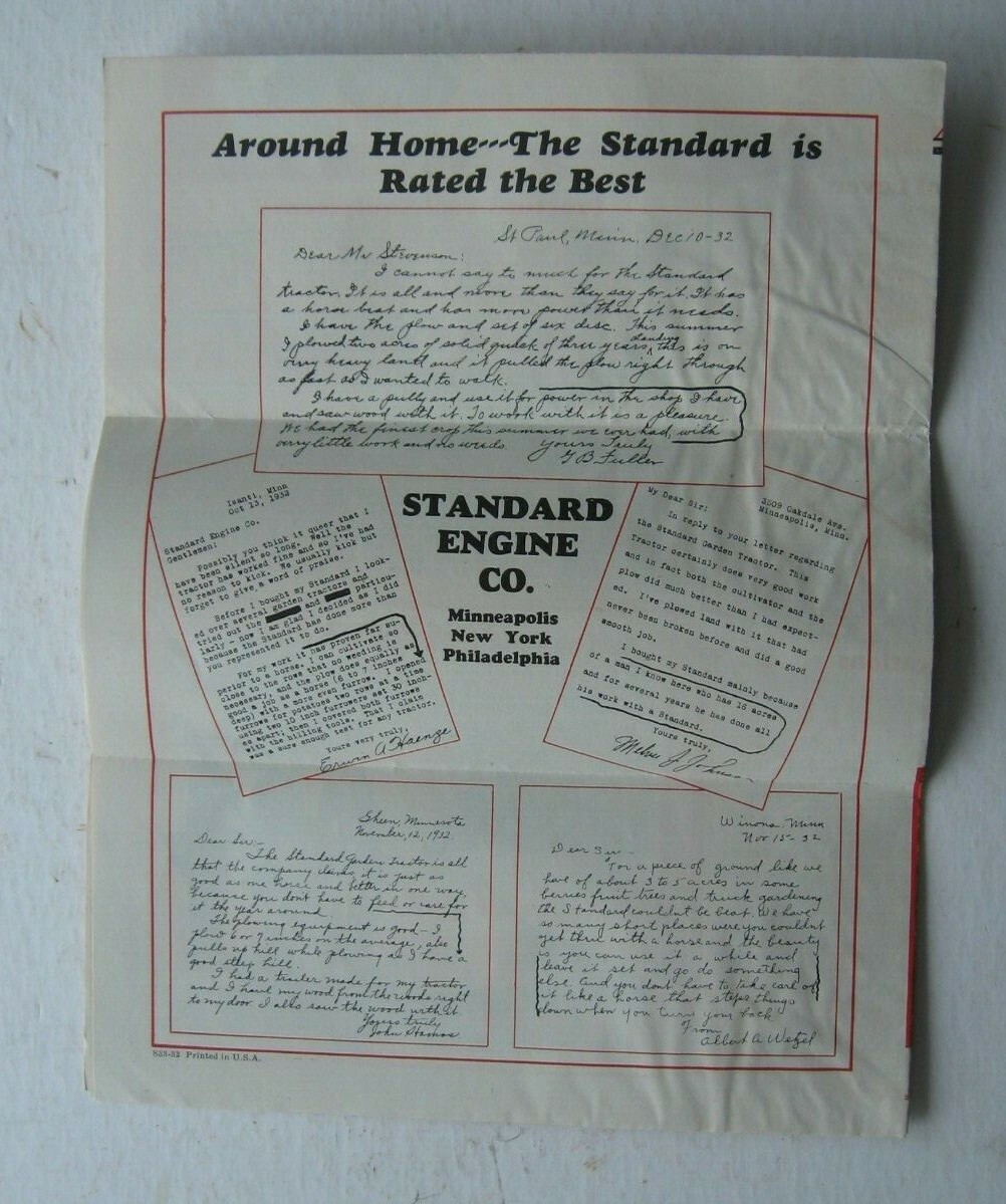Three 1930’s Standard Engine Company, Standard Garden Tractor Farming Brochures