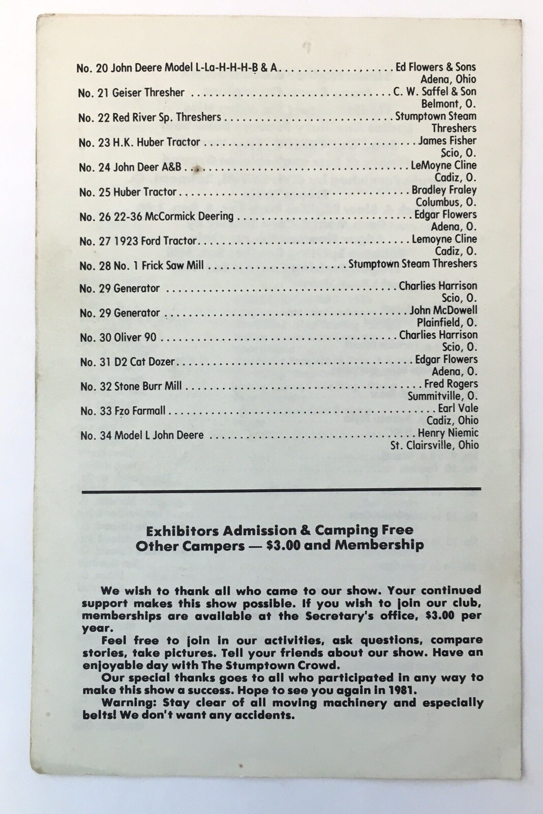 Stumptown Steam Threshers Association Annual Show Program 1980 Ohio Tractors