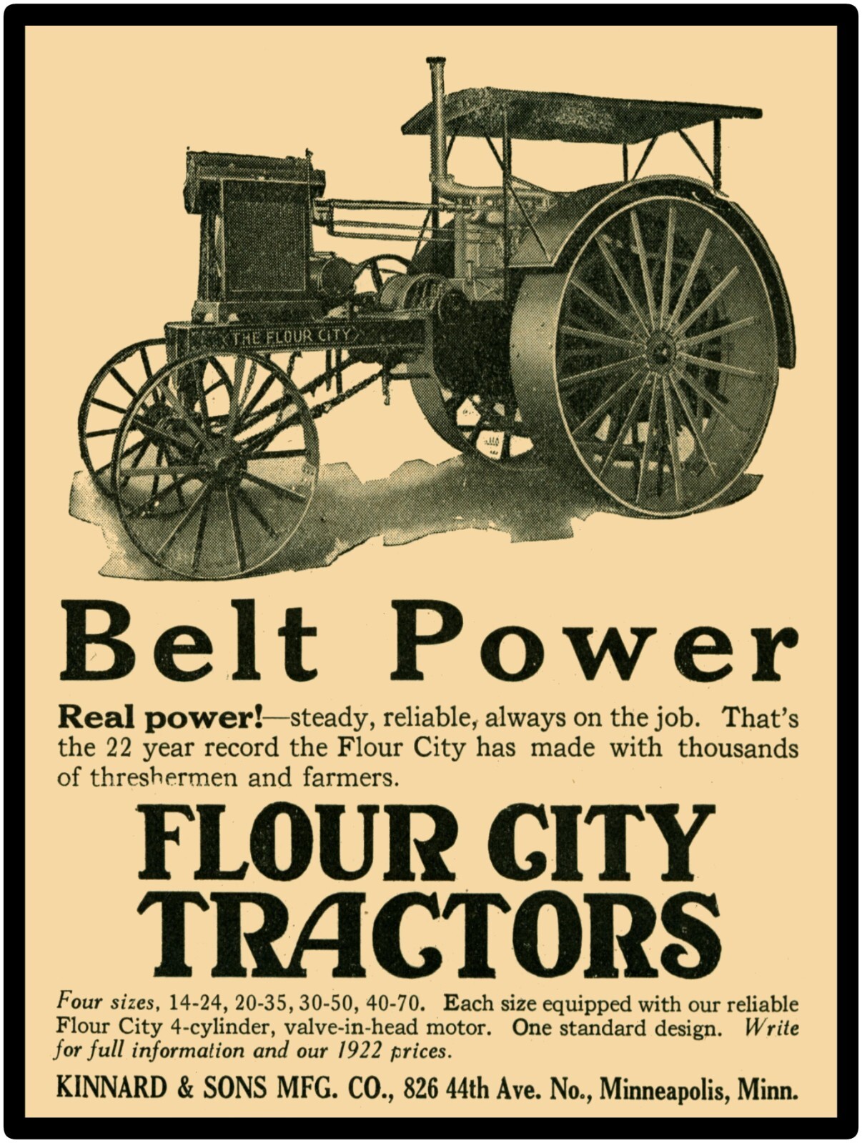 Kinnard & Sons Co. New Metal Sign: Flour City Tractor, Belt Power – Minneapolis