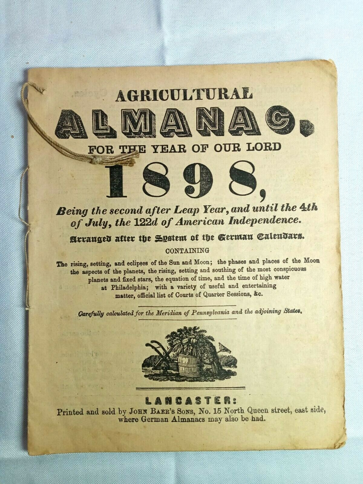 1898 John Bear Baer’s Agricultural Almanac Lancaster, PA Antique Farmers Vintage