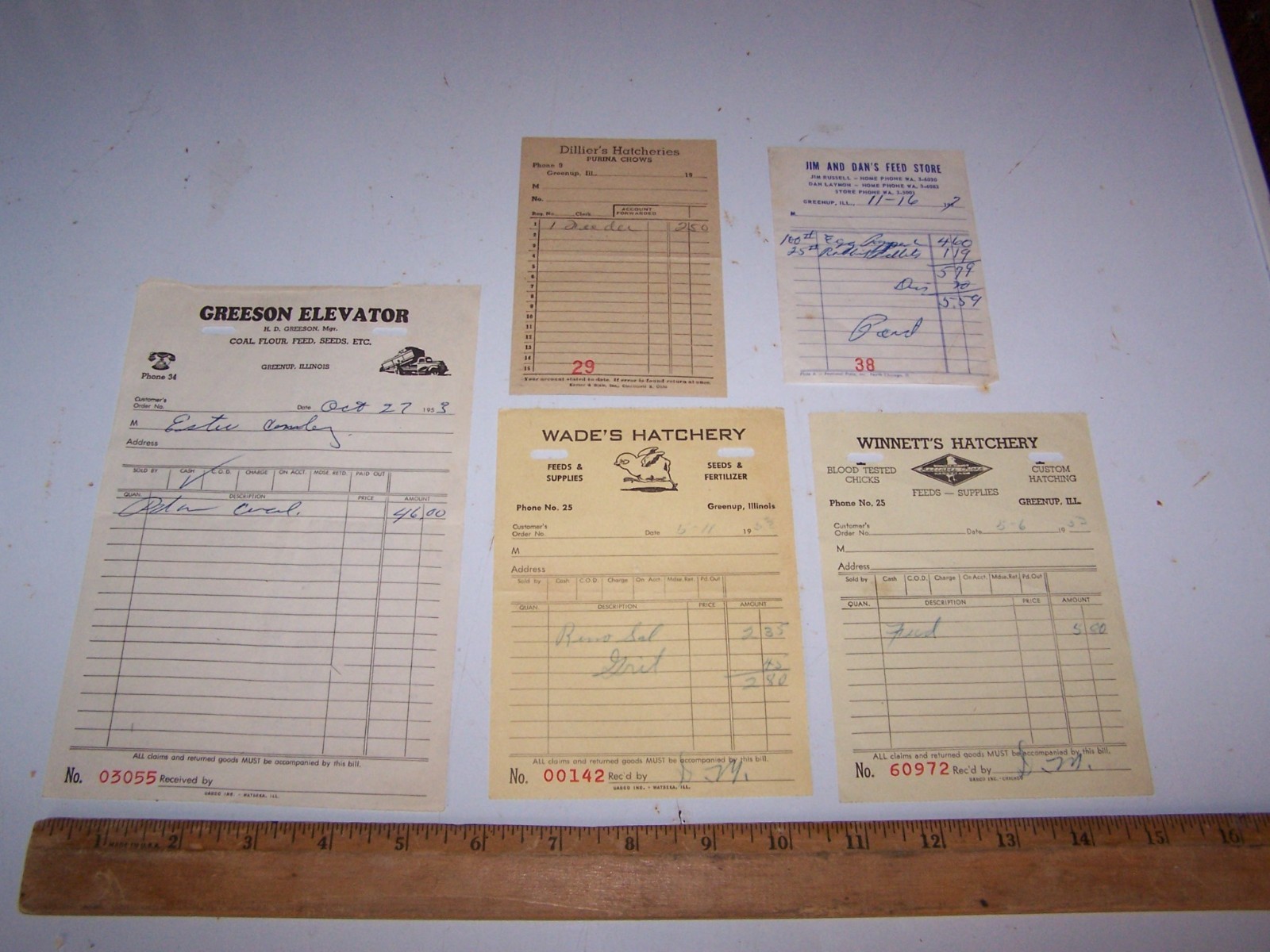 Five 1950’s GREENUP ILLINOIS Sales Receipts – Dillier’s Winnett’s Wade’s Greeson