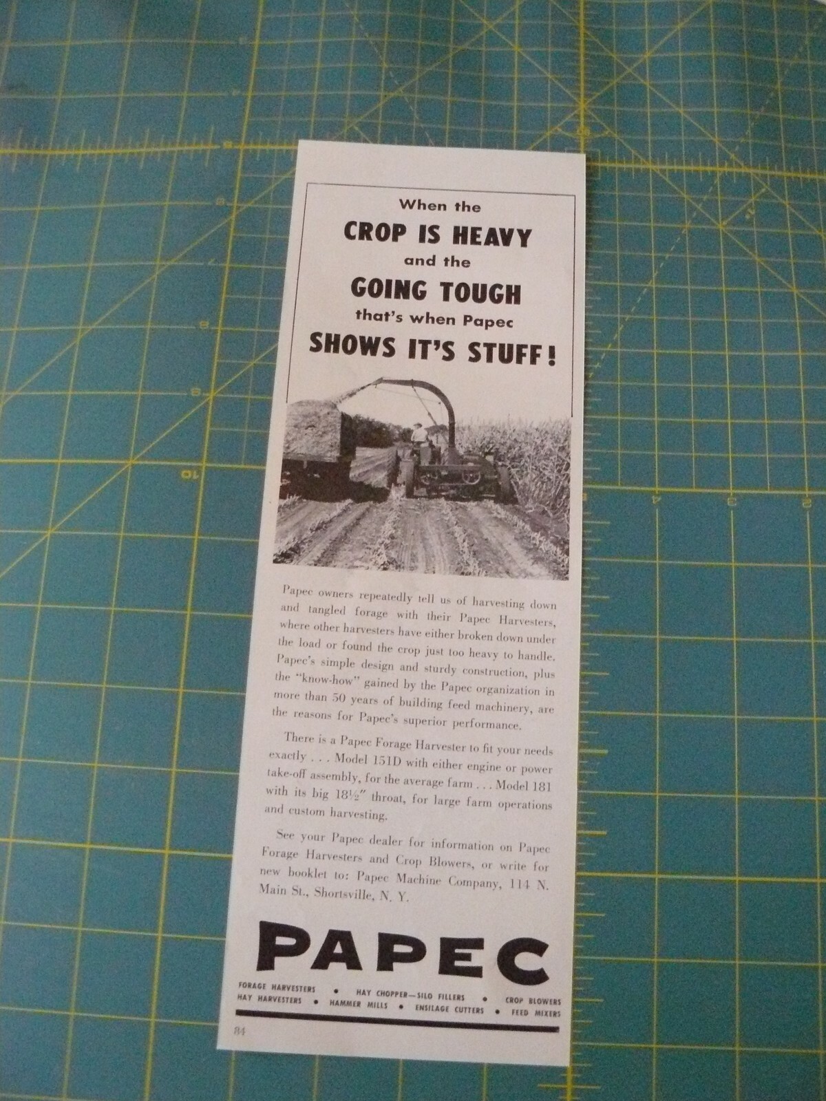 THE FARM QUARTERLY- SUMMER 1957-AD- PAPEC HARVESTERS Mod. 151D/ Shortsville, NY