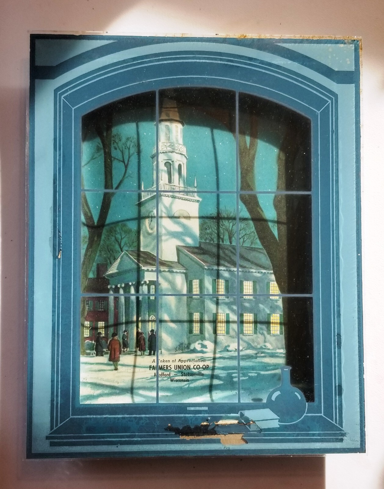 Vintage 1940s Advertising Farm Agriculture Glass Shadowbox Winter Church