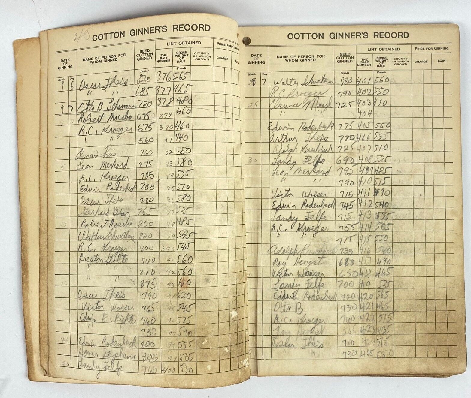 1950’s Dept of Commerce Cotton Ginner’s Record Book Filled Out Vintage