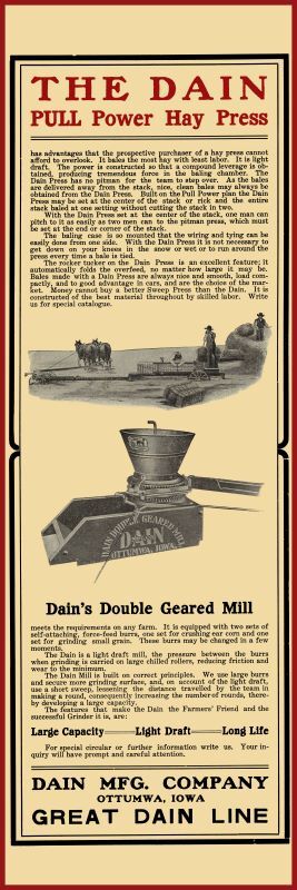 1907 Dain Pull Power Hay Press of Ottumwa, Iowa New Metal Sign: 6 x 18″