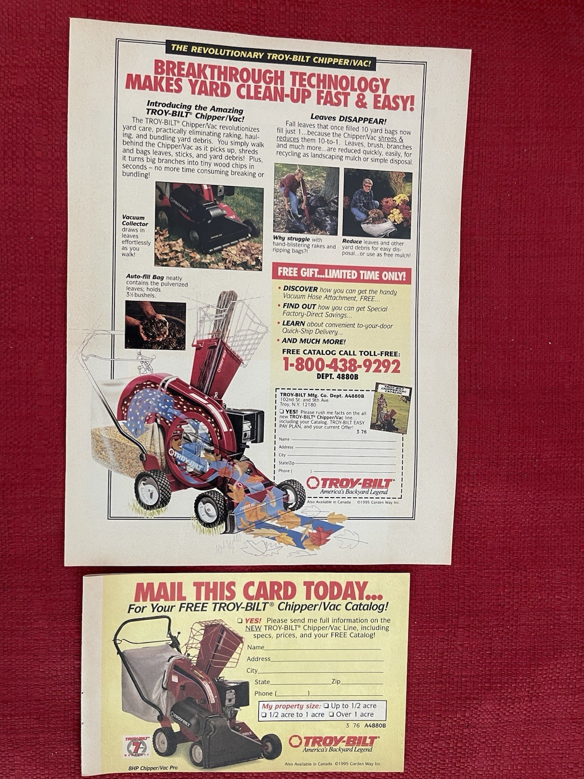 Vintage 1995 Troy Built Chipper Vac Print Ad Yard Debri Tree Branches Leaves Ad