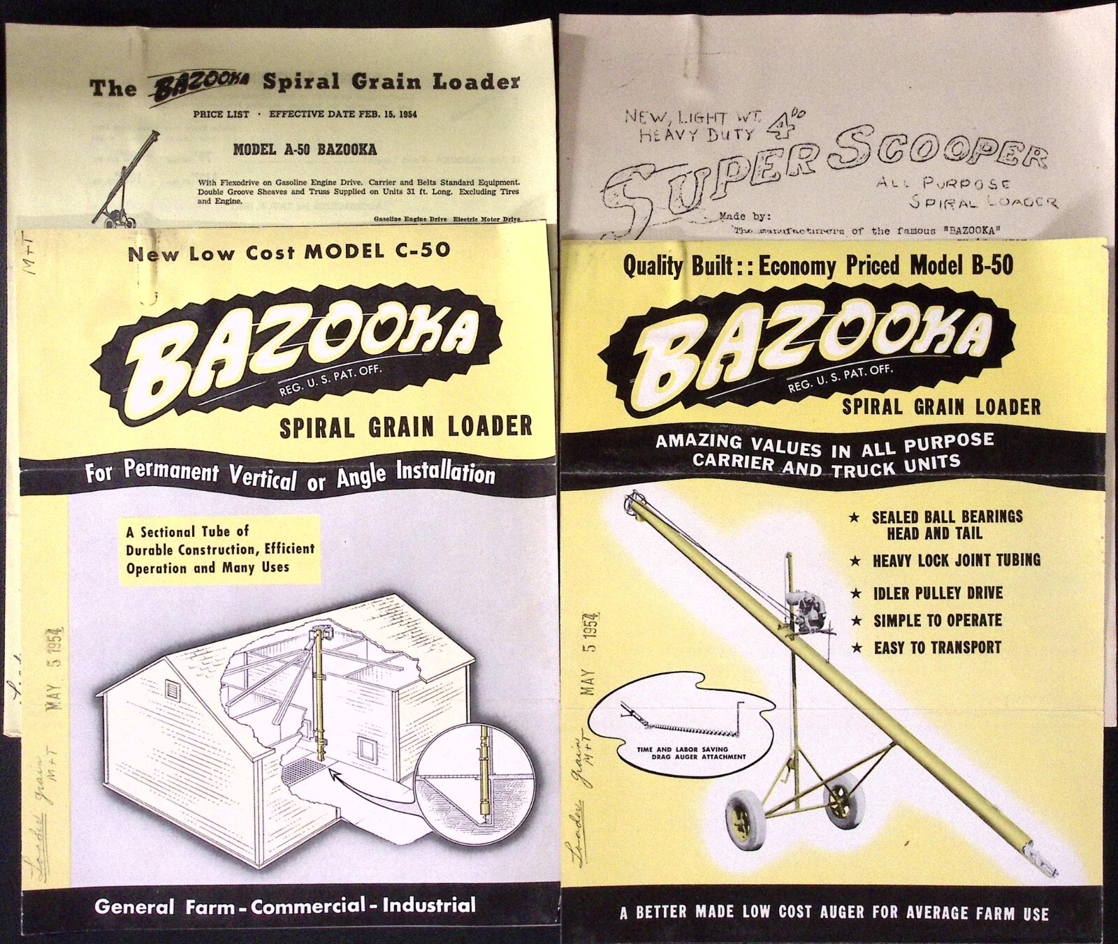 1954 Bazooka Spiral Grain Loader Model B-50 Brochure Wyatt Mfg Co Salina KS