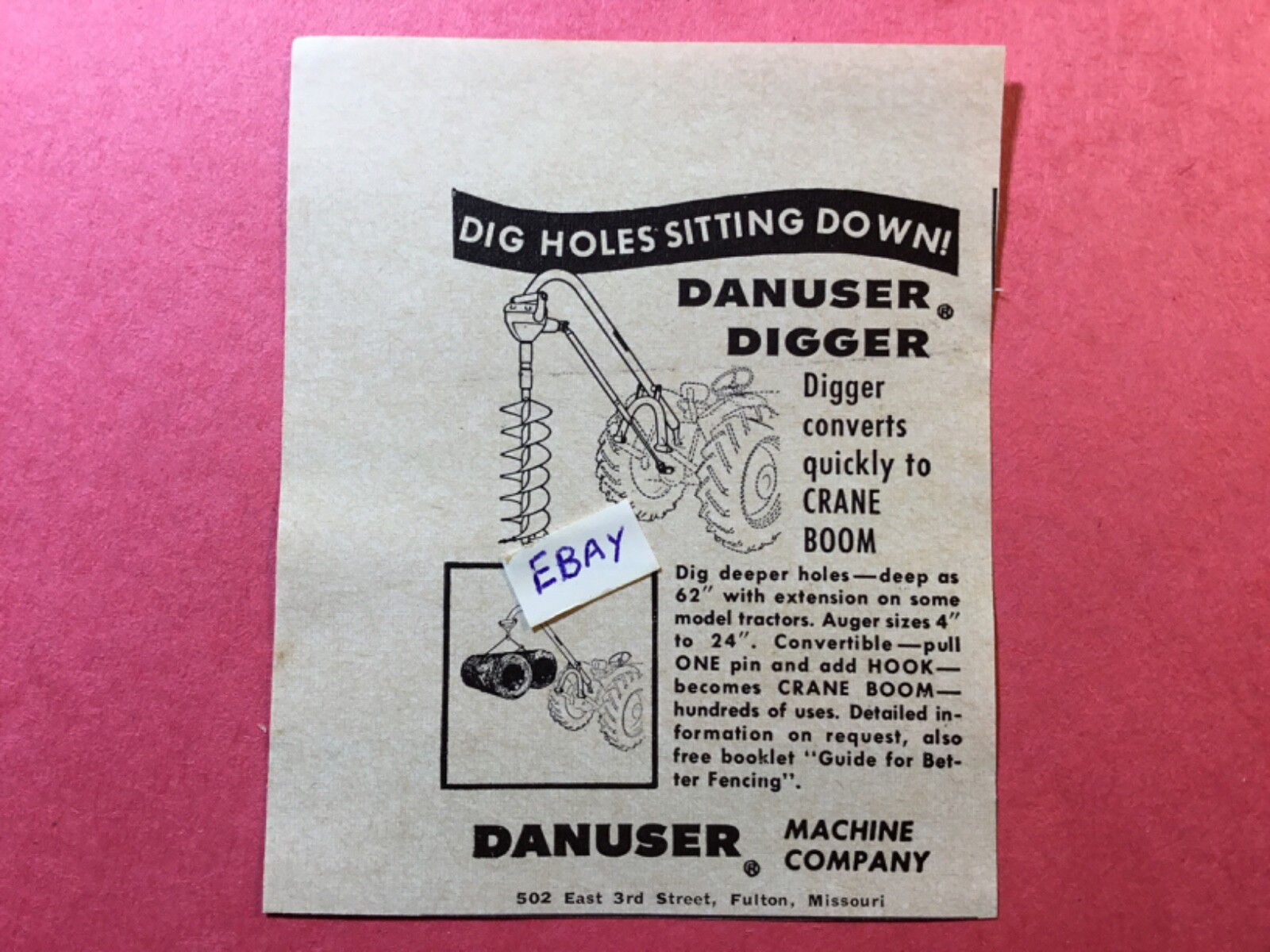 1962 Ad. Danuser Digger. Post Digger. Danuser Machine Co. Fulton, Missouri